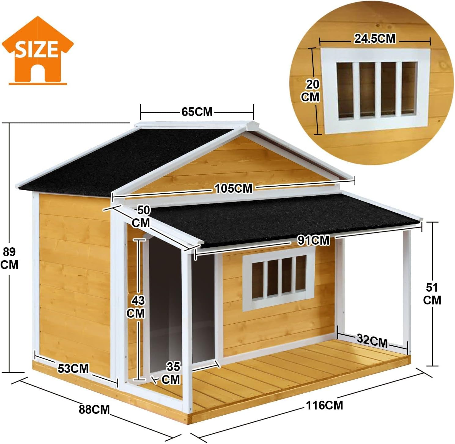 Wooden Dog House Kennel Raised Puppy Pet Shelter Home Outdoor inside with Porch Window Door Asphalt Roof XL image number 2