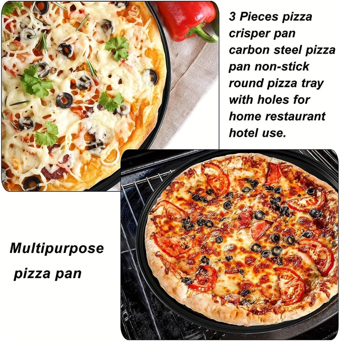 AIMALL 3-Piece Carbon Steel Pizza Pan Set - round Perforated Baking Tray with Airflow Holes, Non-Stick Crisper Pan for Even Heating, Restaurant-Grade for Oven/Grill (9.44", 10.23", 11.02") image number 4