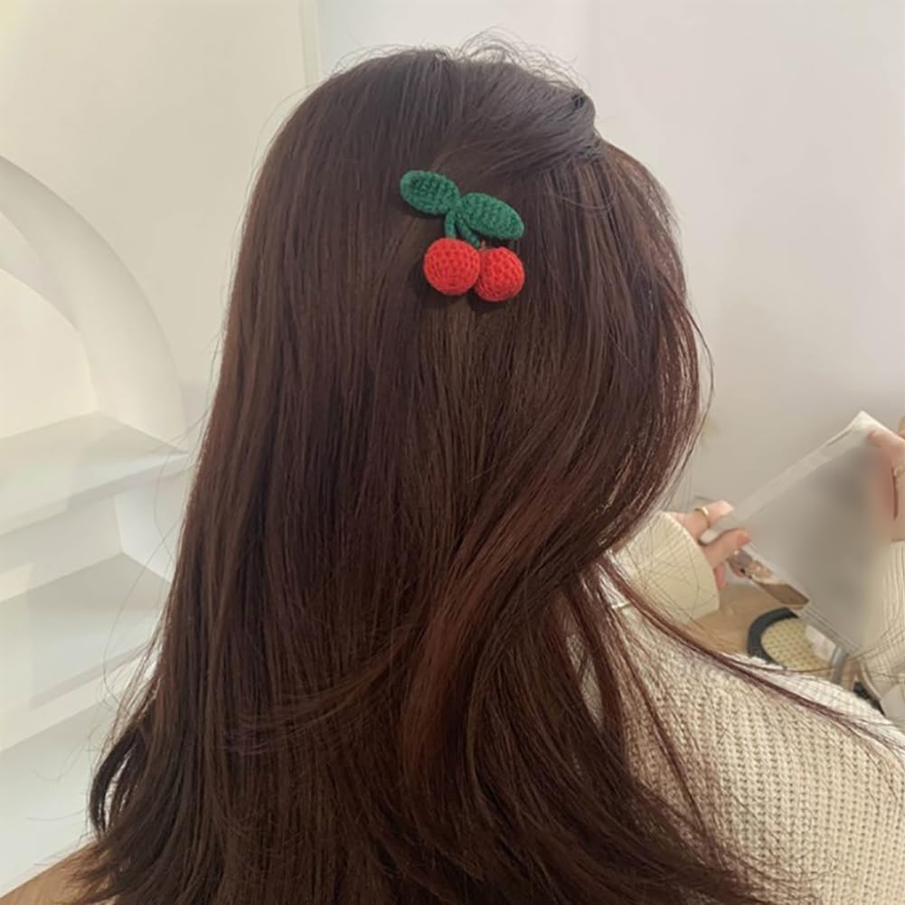 4 Pcs Red Sweet Cherry Hair Clips and Hair Ties Handmade Crochet Fruit Hairpins Hair Barrettes Cute Hair Accessories for Women Girls, Hair Styling Accessories image number 2