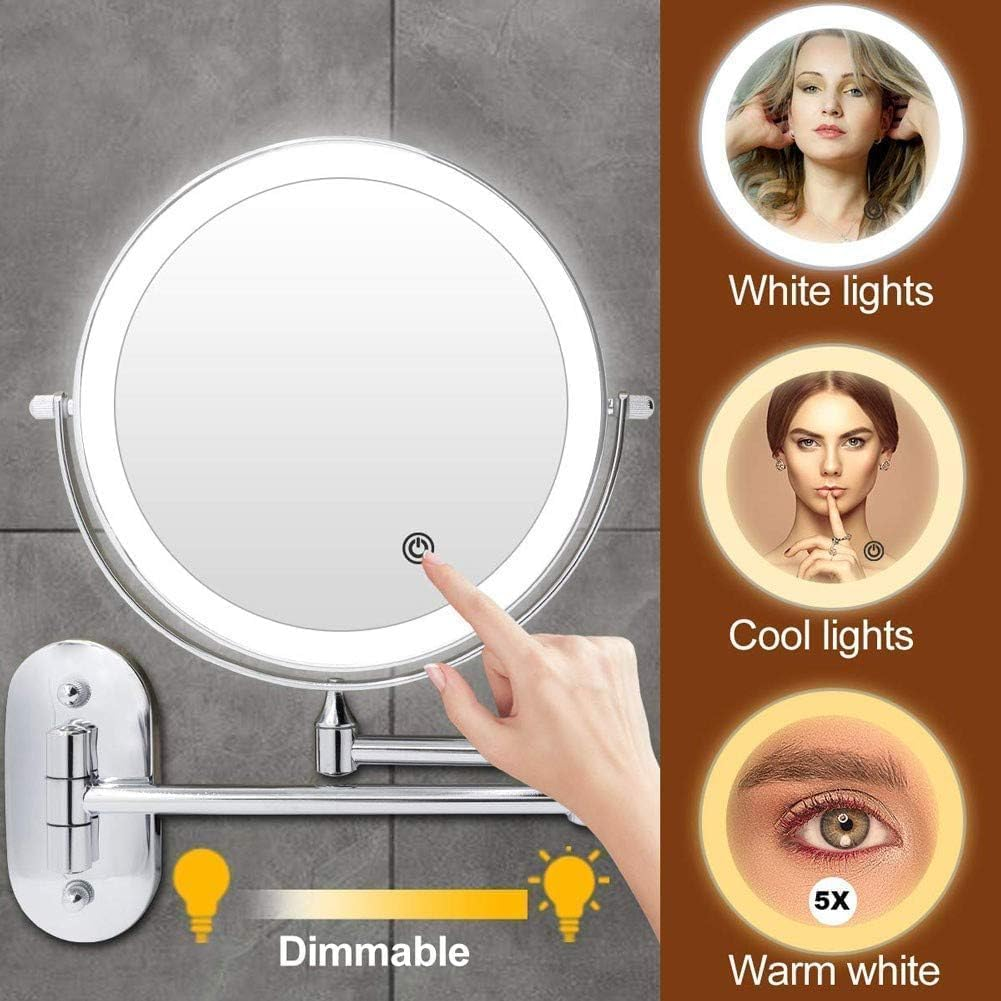 USB Rechargeable Mirror with 5X Magnification, Bathroom Mirrors Wall Mounted, 360&deg;Swivel and Extendable, Chrome, 8Inch