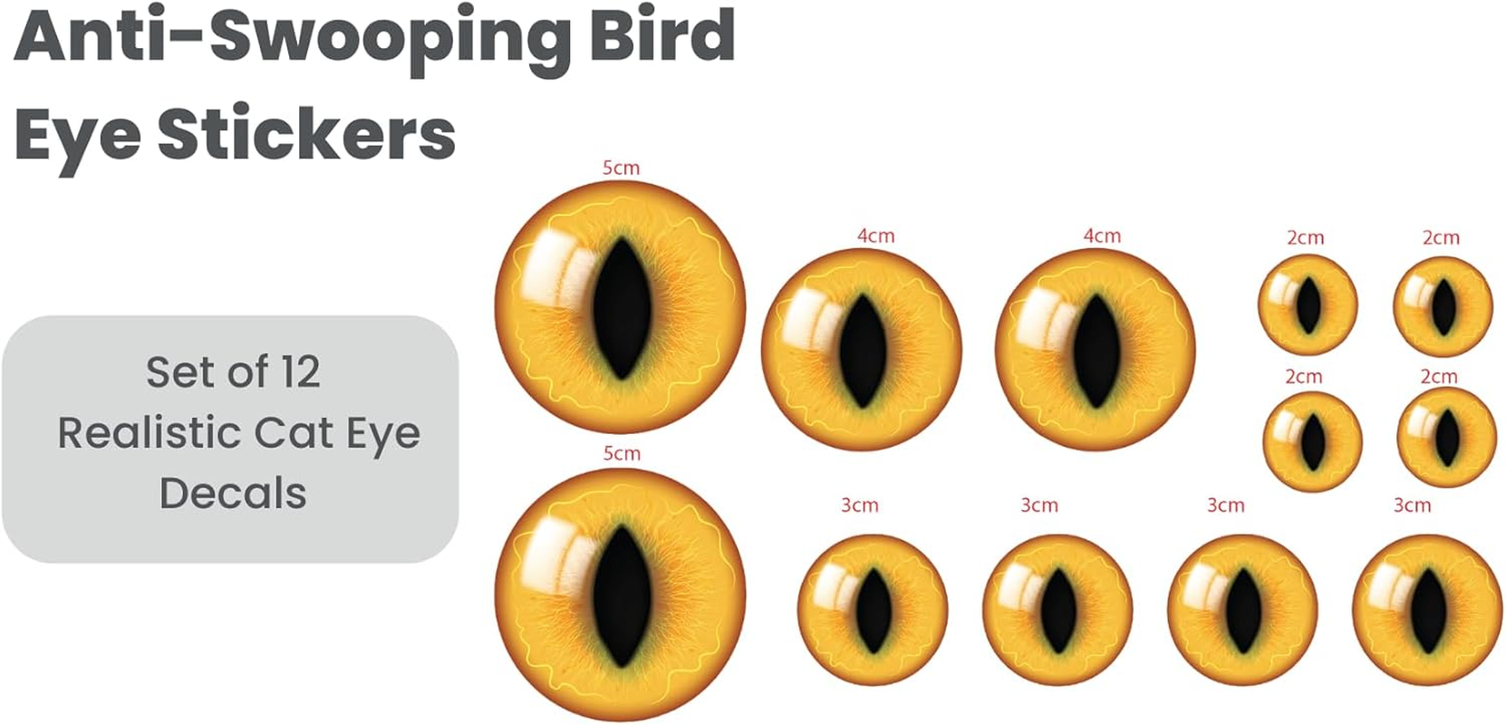 Anti-Swooping Eye Stickers, 12 Pack Cat Eye Decals, Magpie Attack Deterrent for Bike Helmet, Weatherproof Vinyl Peel and Stick, Australian Made image number 1