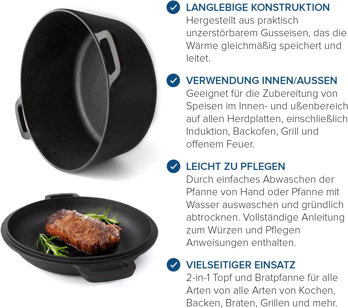 Joeji'S Kitchen Dutch Oven 4.7L Pre-Seasoned Cast Iron Pot with 1.75L Multiuse Lid Suitable for Oven & All Hob Types - 2 in 1 Cast Iron Dutch Oven Pot for Bread Making Braising Meat Simmering Stew & More image number 3