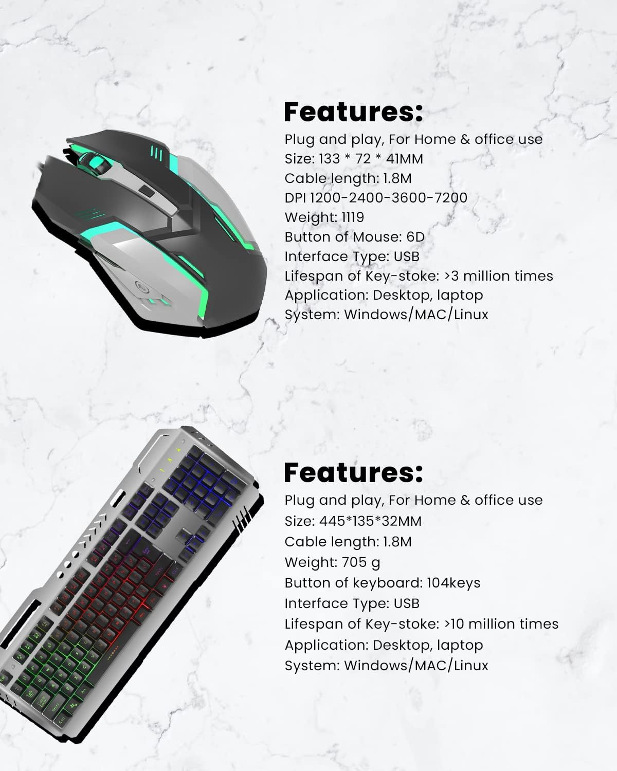 RAEGR Rapidgear X70 Gaming Keyboard & Mouse Set | Made of Aluminium Body | 4 Choices of Adjustable DPI | 3 Rainbow Lighting Modes, Instant Media Access | Gaming Mouse for Pc/Laptop/Mac - RG10359