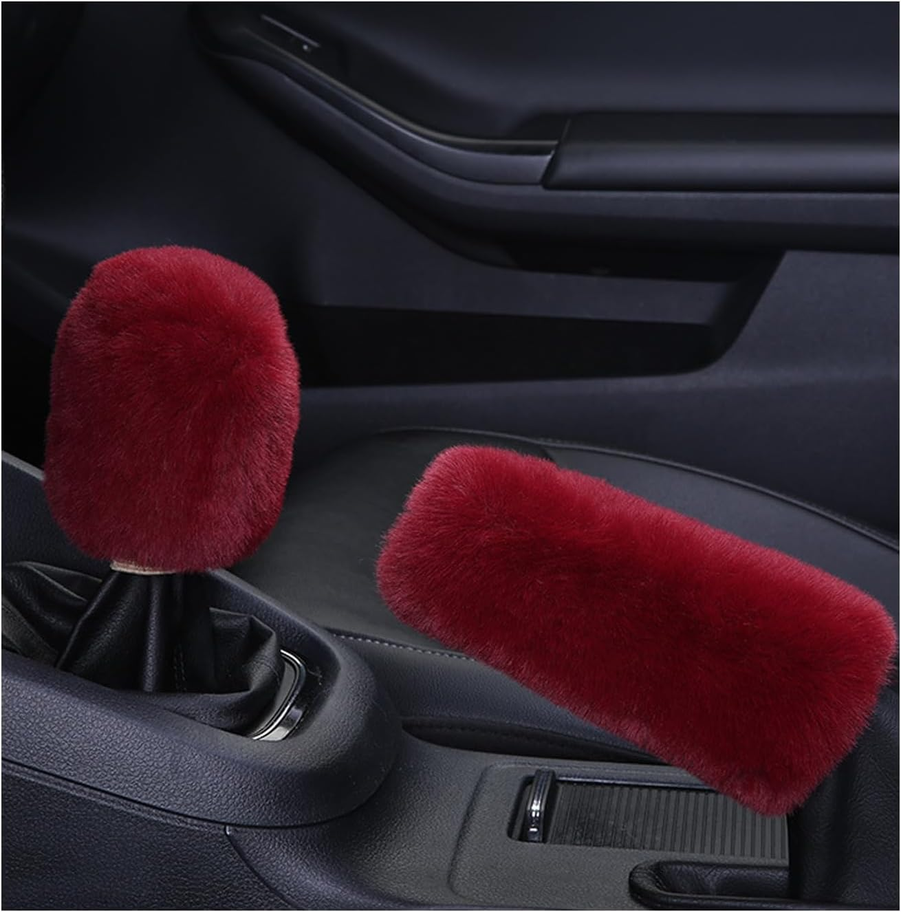 Ziciner 2PCS Plush Car Gear Shift Knob Cover & Handbrake Cover, Comfortable Anti-Slip Auto Shift Knob Protector, Fluffy Warm Hand Brake Handle Cover, Interior Car Accessories (Wine Red)