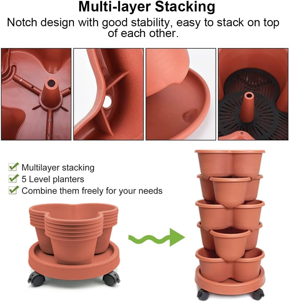 5 Tier Vertical Garden Strawberry Stackable Planters Herbs Petunias Pancy, Vegetable Planter Indoor Outdoor Gardening Pots with Removable Wheels and Tools (White) image number 1
