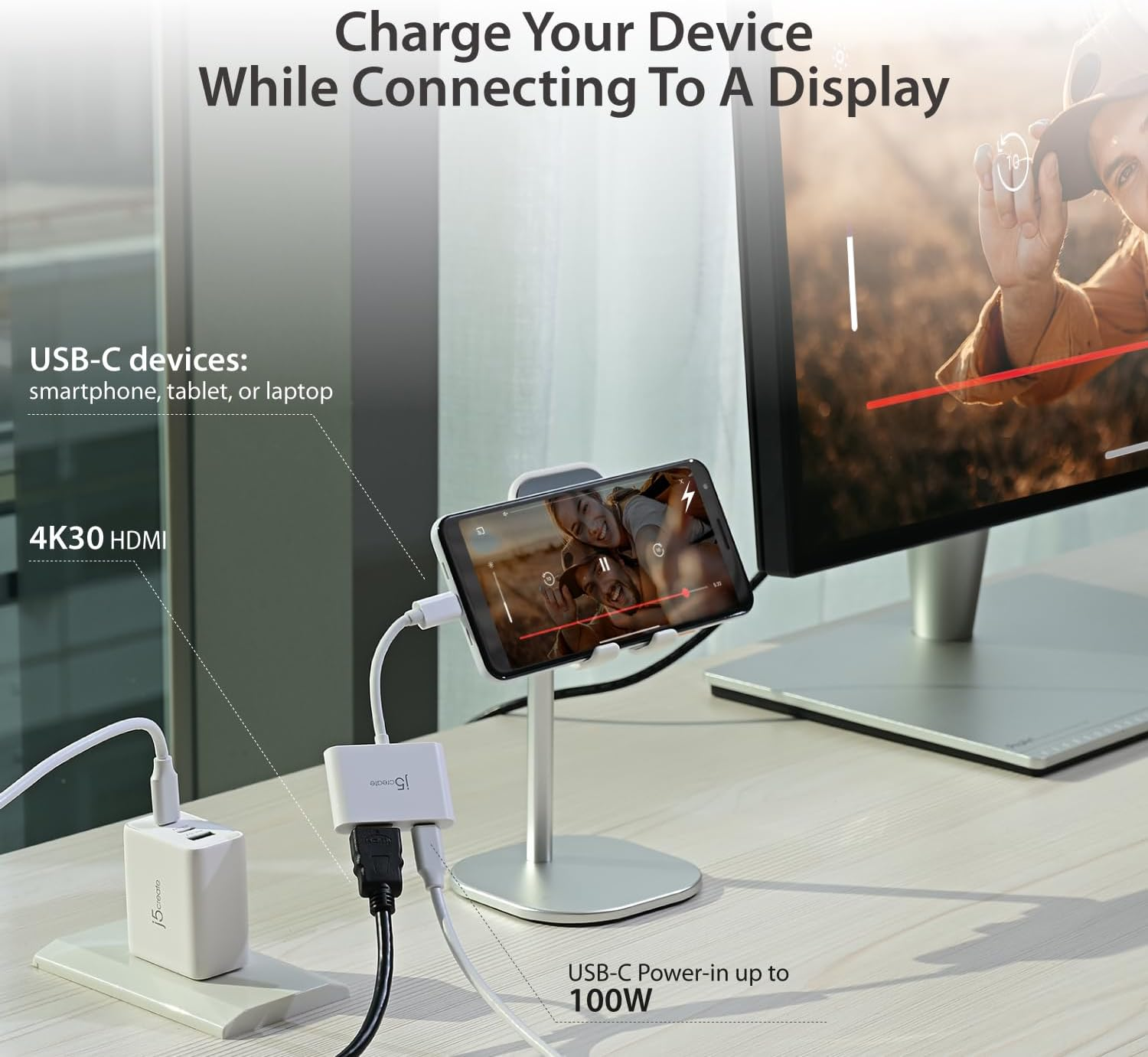 J5Create USB-C to 4K HDMI Adapter with Power Delivery, Supports 4K UHD Video, Passthrough Power up to 100W for Connected Devices, Compatible with Macbook, Ipad, Smartphone, Laptop image number 3