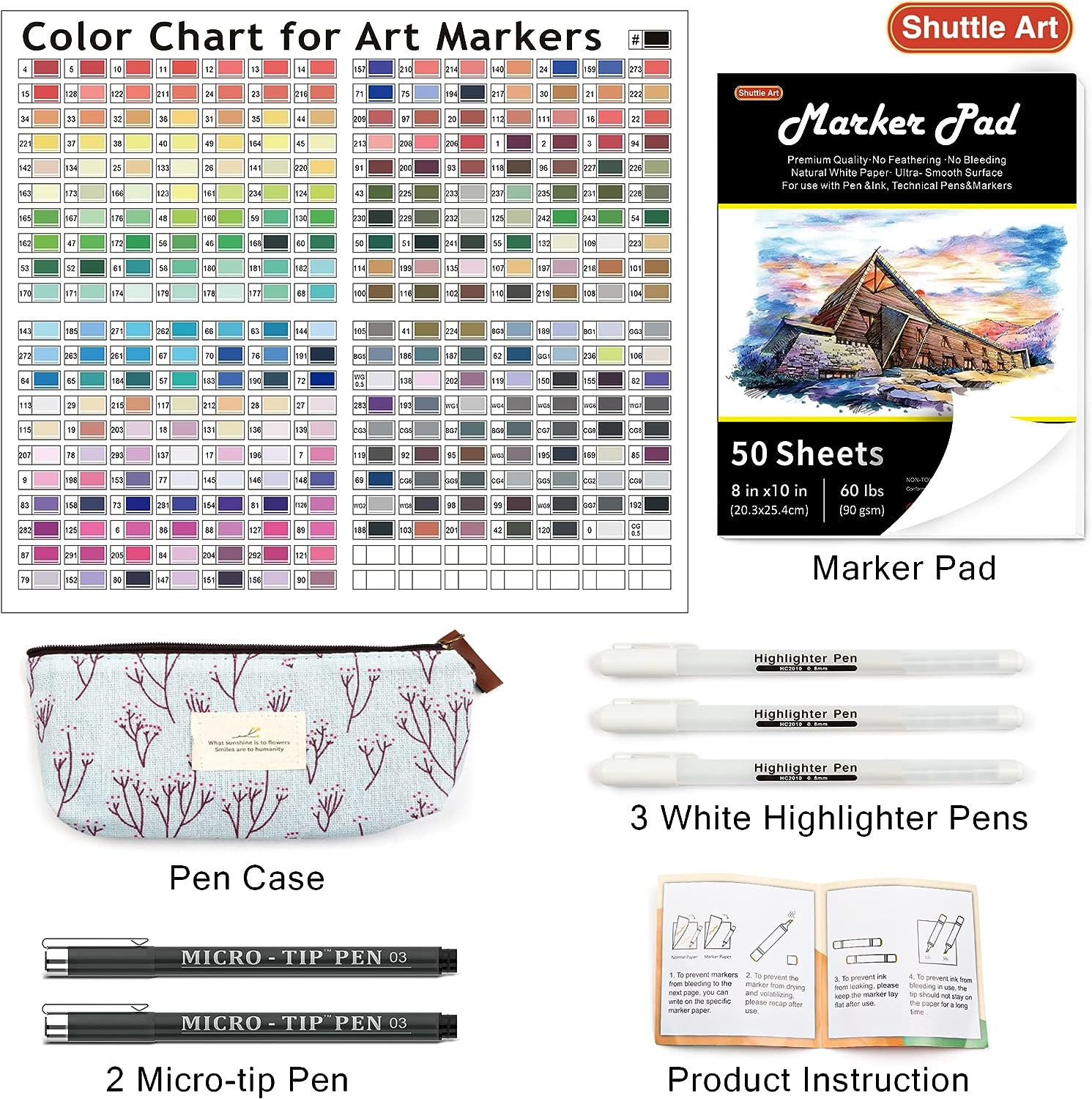 Shuttle Art 280 Colours Alcohol Based Art Markers, 279 Colours Dual Tip Art Pens plus Colourless Blender, Micro-Tip Pens, White Highlighter Pens, Marker Bag with Holders for Adult Colouring image number 5