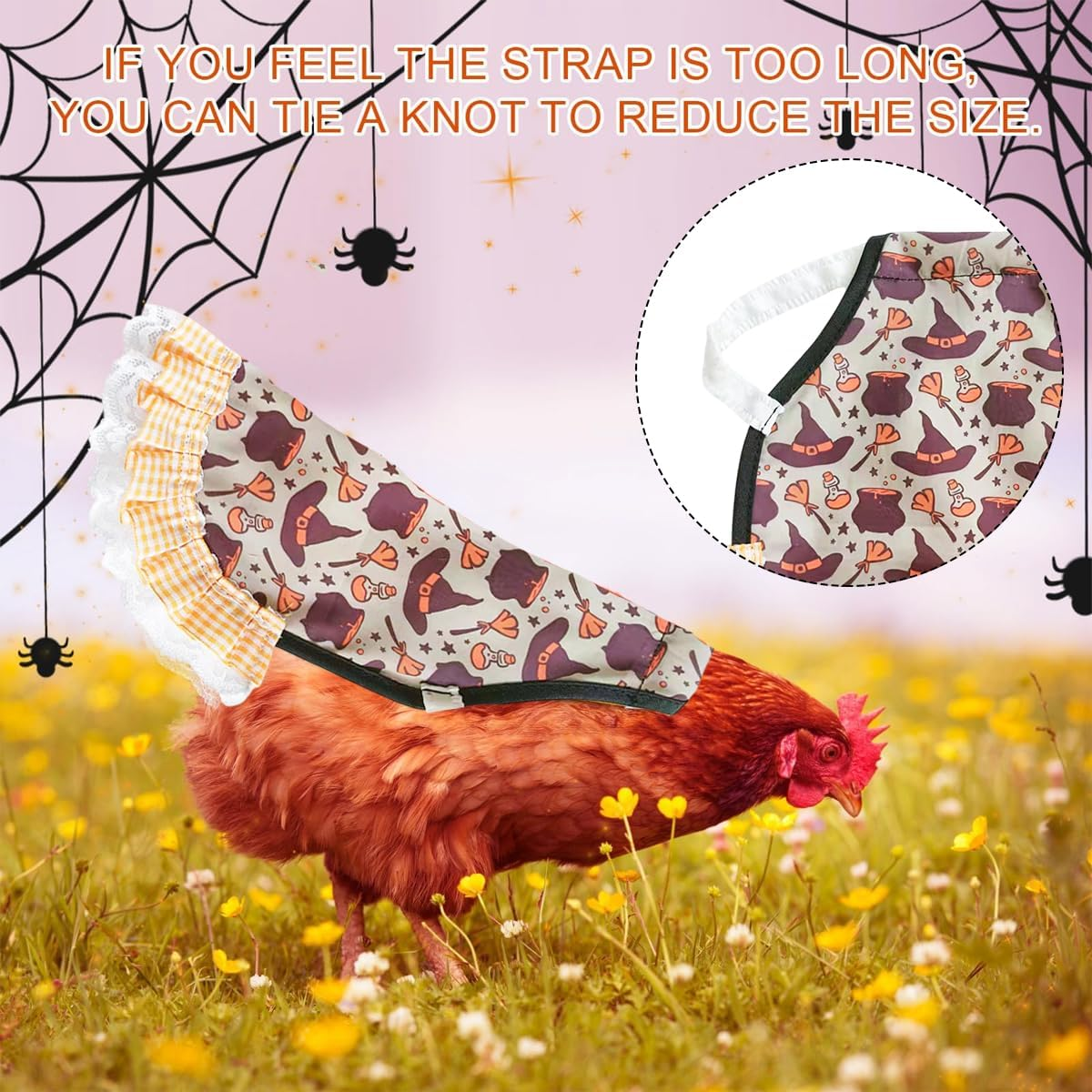 AIMALL Halloween Chicken Saddle Apron Hen Feather Guard with Lace Trim, Adjustable Poultry Back Protector for Feather Loss Recovery, 9.05X8.6In image number 4