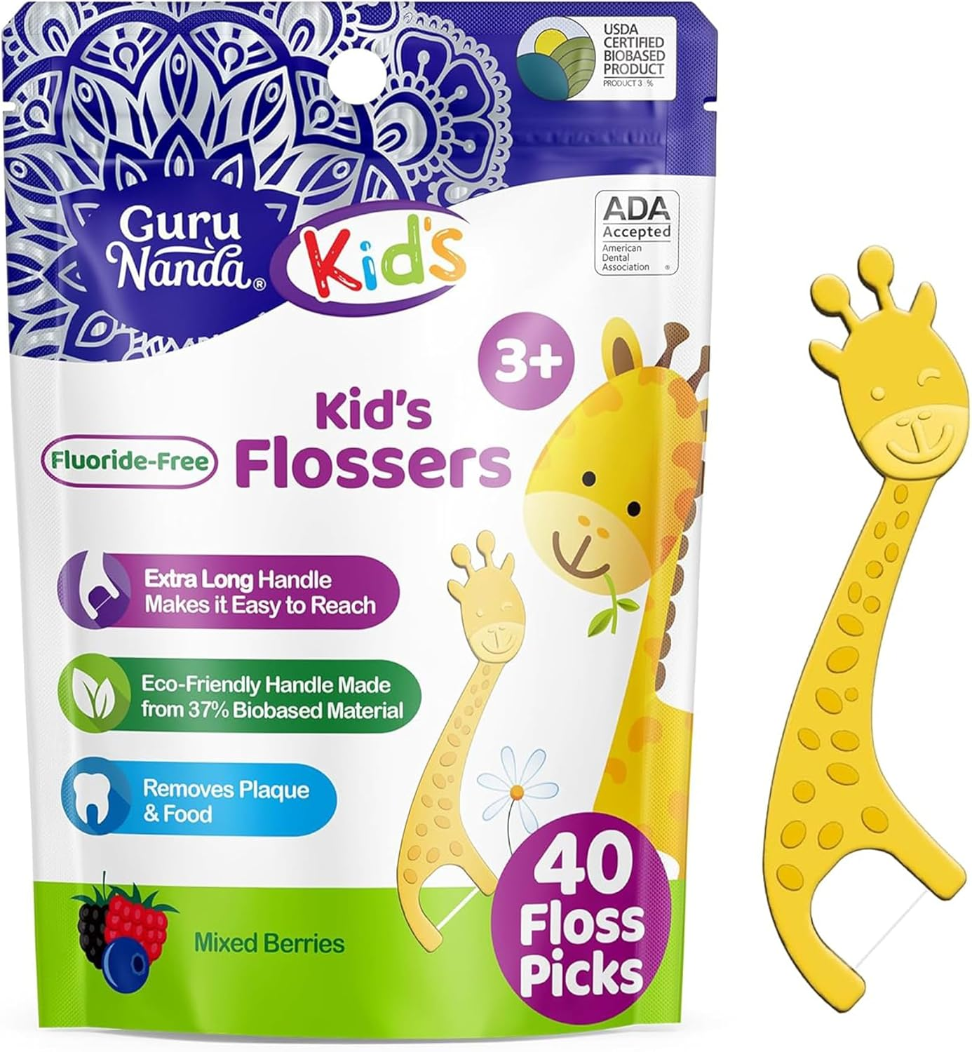 Gurunanda Dental Floss Picks for Kids, Extra-Long Giraffe-Shaped Picks with Fluoride, Anti-Slip & Shred-Resistant Design & Eco-Friendly Handle & Berry Flavor, Ideal for Ages 3+, 40 Count (Pack of 1) image number 1
