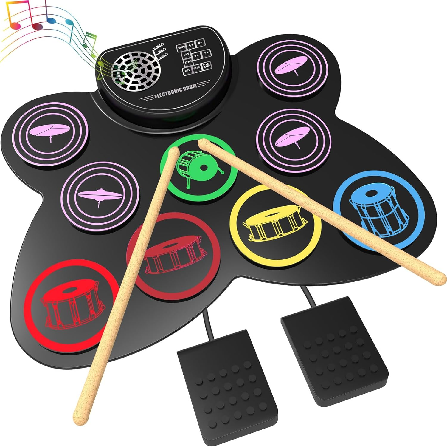 MAZAHEI Electric Drum, 9 Silicone Folding Electronic Practice Battery Pads with Connector for Headphones, Speaker and Built-In Battery, Pedals, Drumsticks, Ideal Gifts for Na image number 2