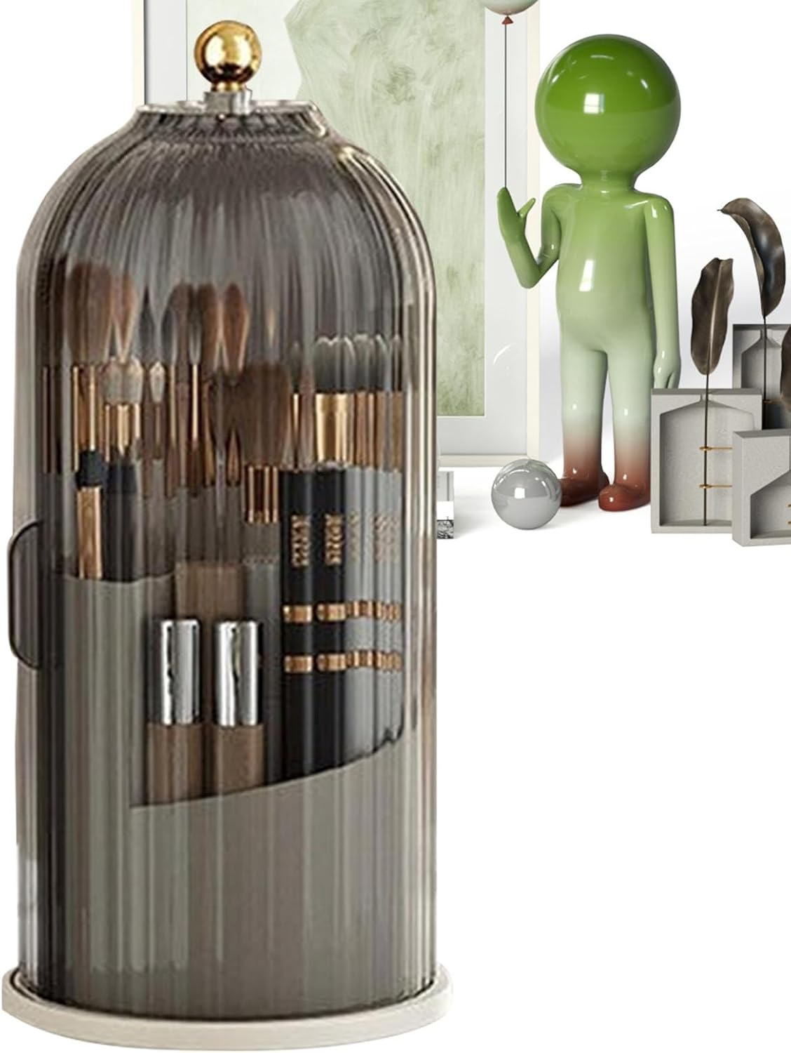 Bird Cage Cosmetic Tools Storage Organizer with Lid,Rotating Makeup Brush Organizer,360&deg; Makeup Brush Organizer, for Vanity, Desktop, Bathroom