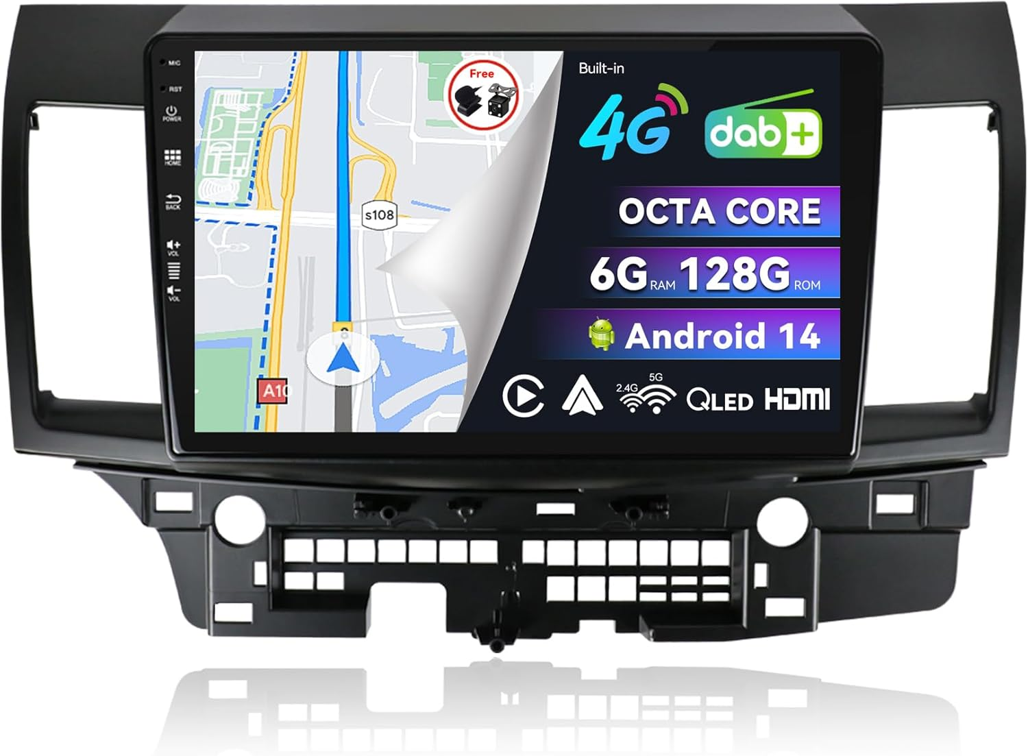 Bxliyer【Built-In 4G Dab】Android 14-6G+128G Car Stereo for Mitsubishi Lancer (2010-2016)- Wireless Carplay/Android Auto - Camera + MIC - IPS 10.1 Inch 2 Din - Steering Wheel Fast-Boot 360-CAM HDMI DSP image number 1