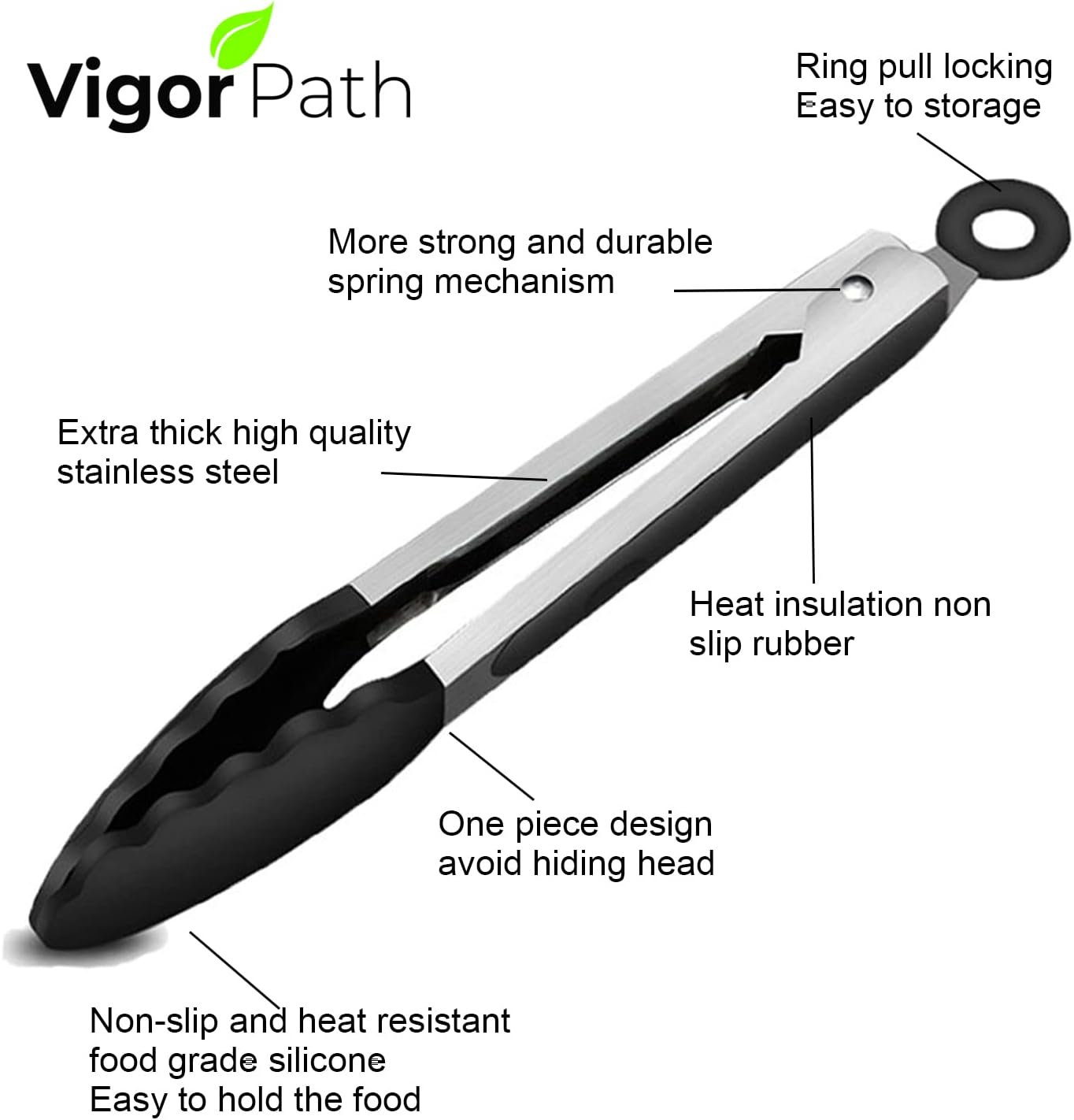 2-Pack of 9" (Small) & 12" (Large) Kitchen Tongs Set: Non-Stick Silicone-Stainless Steel Cooking Tongs, BPA Free, Heat Resistant (480&deg;F) - Non-Slip Grip & Locking Metal Food Tongs (Black) image number 2