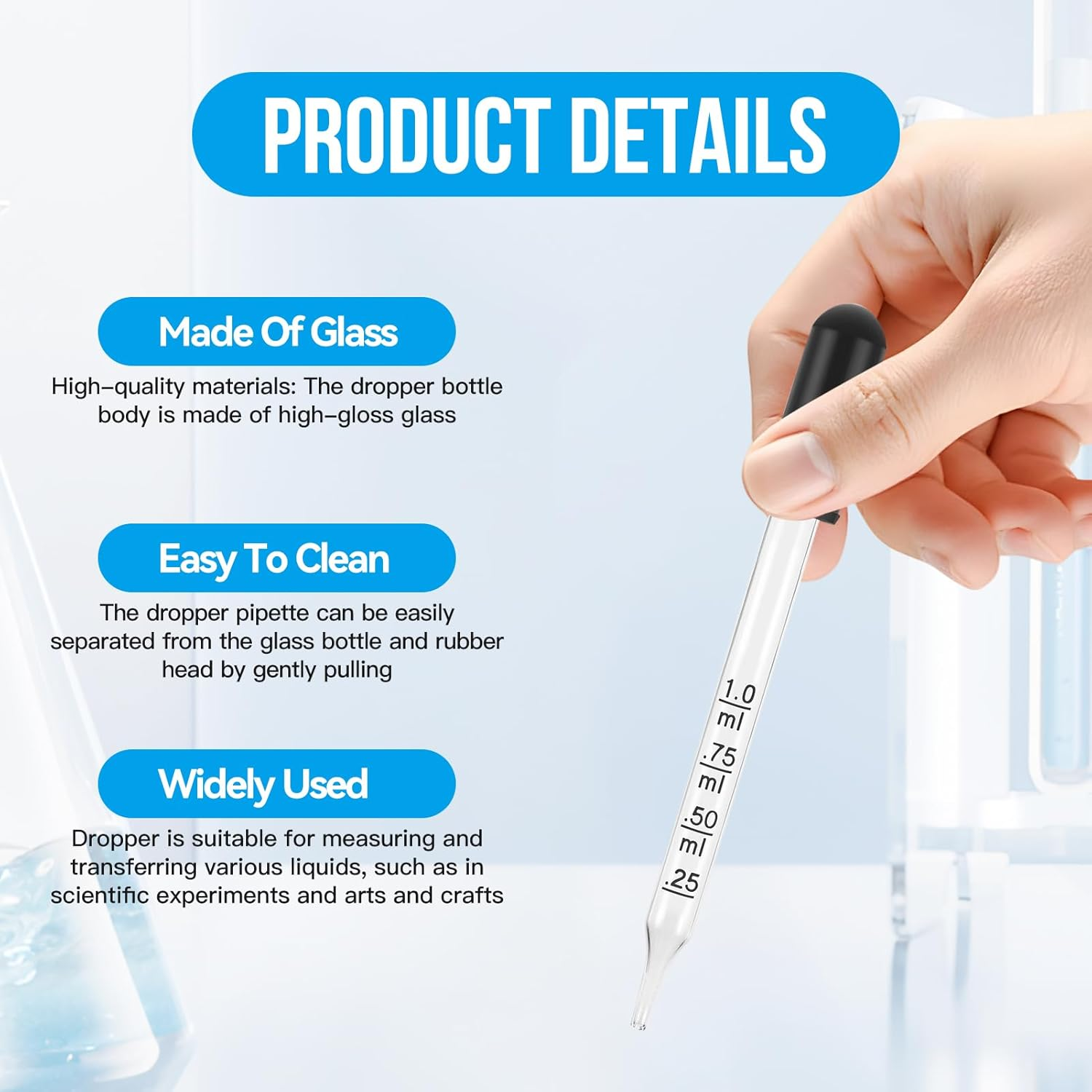 10 Pack Glass Droppers Set, 1Ml Pipettes with Natural Rubber Bulbs, Straight & Elbow Tip Calibrated Droppers for Essential Oils Science Labs Skincare Formulating image number 3