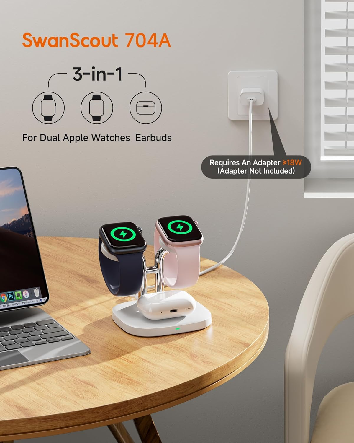 Swanscout Charger for Apple Watch, Dual Watch Charger for Apple Watchultra 3/Ultra 2/SE 3/Series 11/10/9/8/7/6, Wireless Charging Station for Airpods 4/3Rd/2Nd, Swanscout 704A - Black image number 4