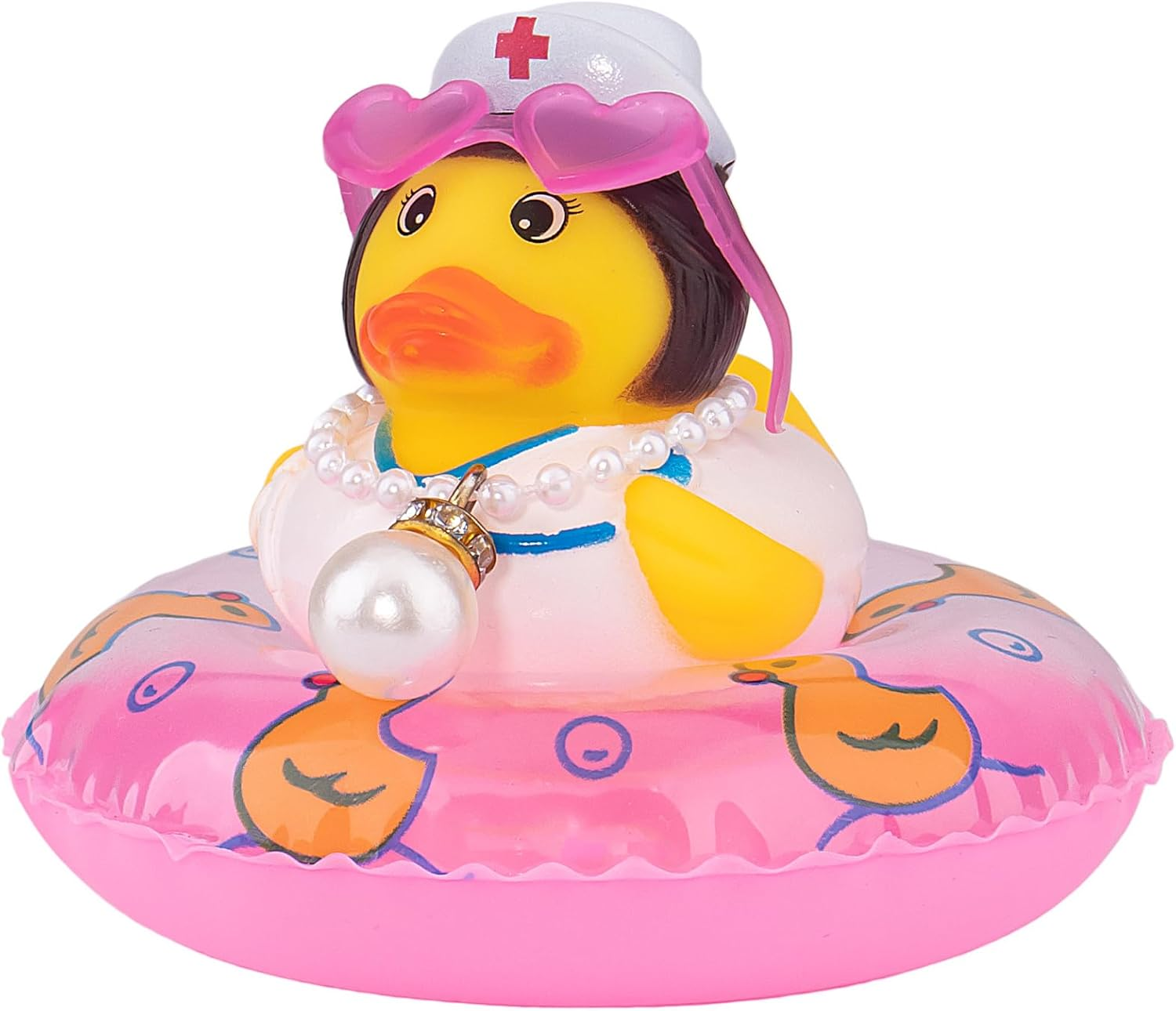 Wonuu Car Rubber Duck Car Duck Decoration Dashboard Car Ornament for Car Dashboard Decoration Accessories with Mini Swim Ring Necklace and Sunglasses, A_Nurse Duck_Pink Swim_Heart Glasses_Big Pearl image number 3