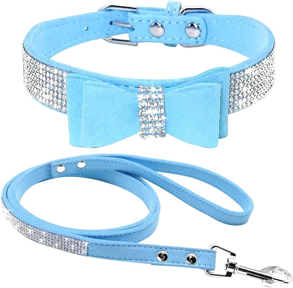 Haoyueer Cute Dazzling Sparkling Elegant Fancy Soft Suede Leather Bling Rhinestone Crystal Jeweled Pet Cat Dog Puppy Collar Dog Leash Combo Set (M, Blue-1) image number 2