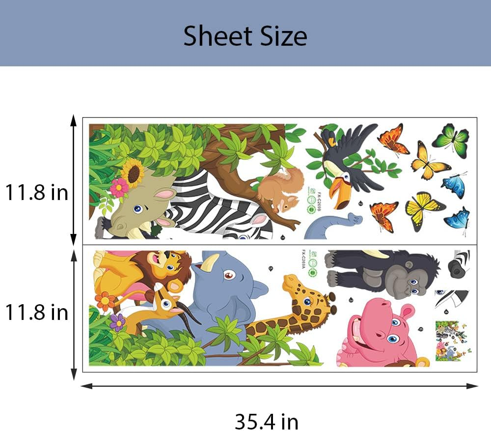 Supzone Cartoon Animal Wall Decal Jungle Animals Wall Stickers Elephant Lion Zebra Butterfly Wall Decor for Kids Baby DIY Vinyl Mural Art for Nursery Bedroom Living Room Playroom image number 3