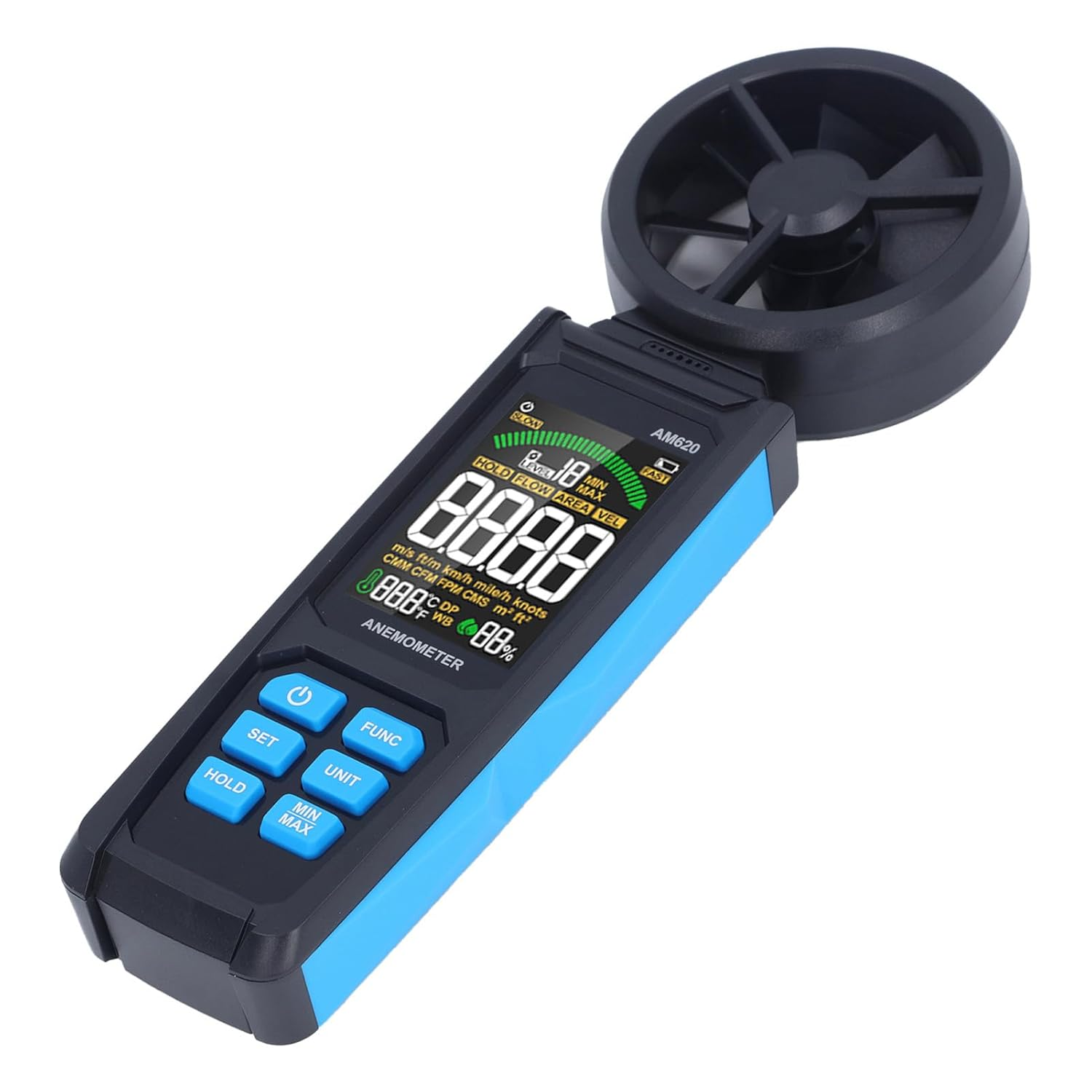 Digital Anemometer with Eight Blades and Sensor ABS Air Velocity Meter 180&deg; Rotating Fan with Backlit Screen for Wind Energy Meteorology image number 2
