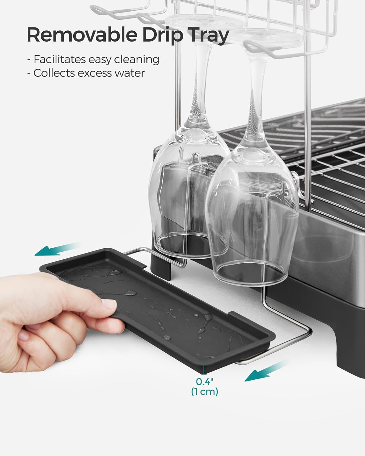 SONGMICS Dish Drying Rack - 2 Tier Dish Rack for Kitchen Counter with Rotatable and Extendable Drain Spout, Dish Drainer with Utensil, Cup, Glass, Cutting Board Holders, Black UKCS032B01 image number 2