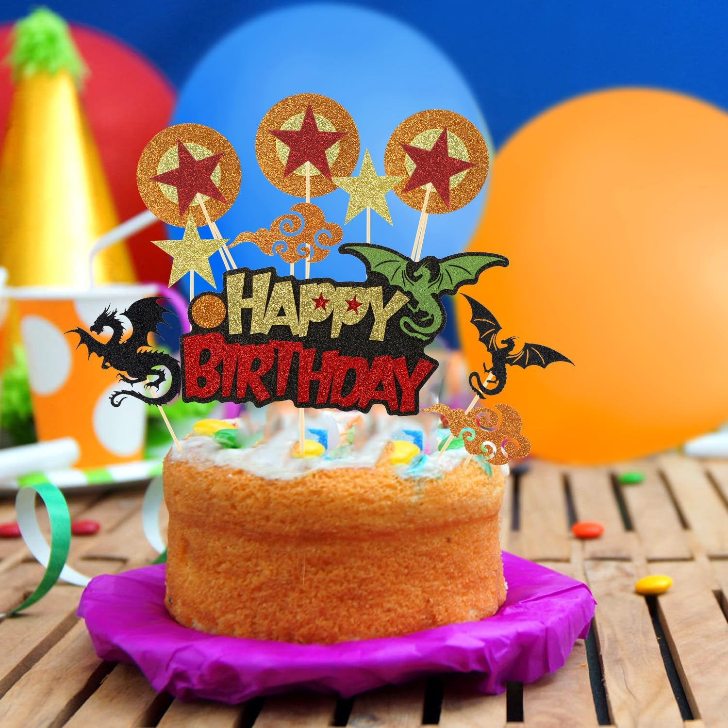 1Pc Cartoon Happy Birthday Cake Topper + 12Pcs Cupcake Toppers, Glitter Cake Topper Decorations Dragon Stars Circle Anime Cartoon Cupcake Picks for Themed Birthday Party Supplies Boys Girls image number 4