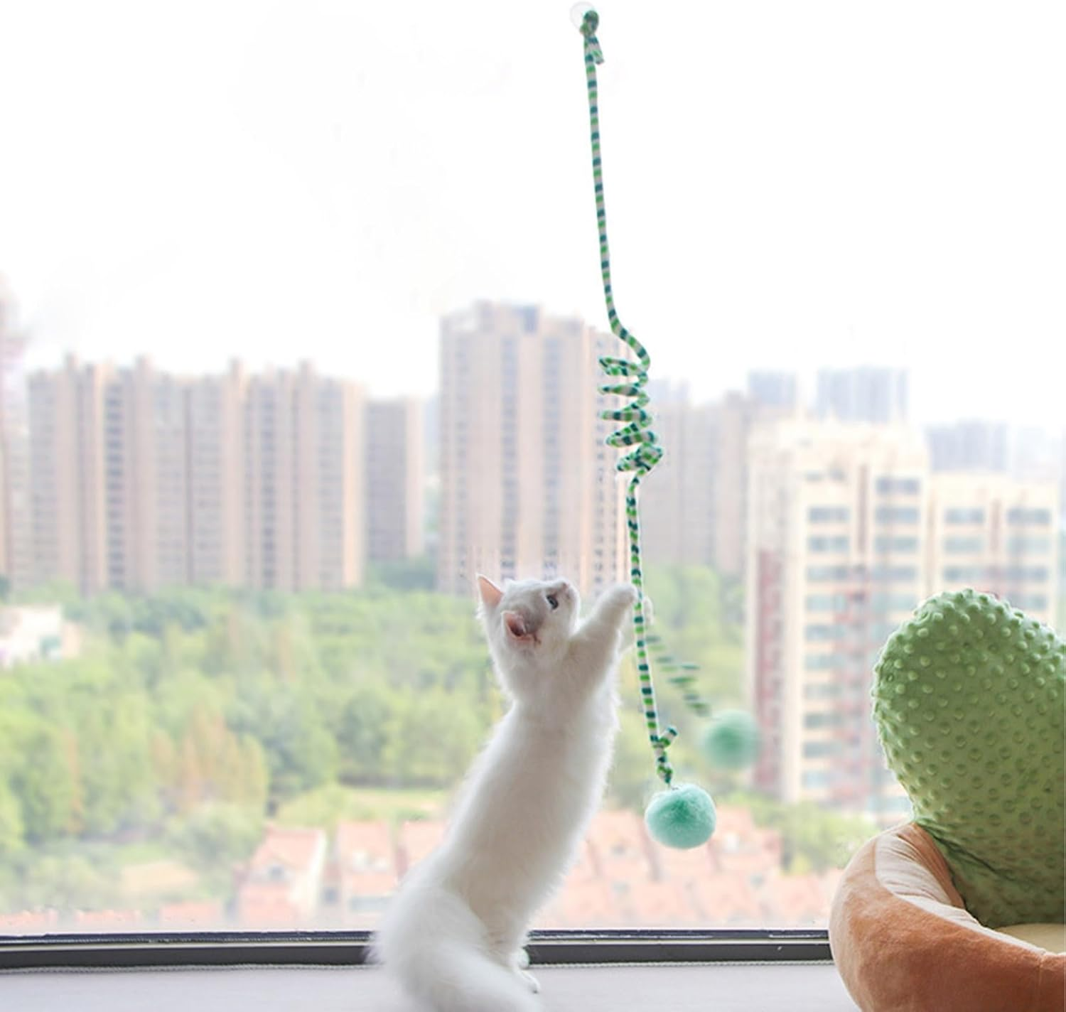Cat Spring Toys, Fun Relieve Boredom Soft Plush Suction Cup Fixation Interactive Cat Ball Toys with Bell, Hanging Door Cat Ball Toys Stretchable Soft Plush Cat Teaser Toy for Kitten Chase Play(Green) - Green image number 6