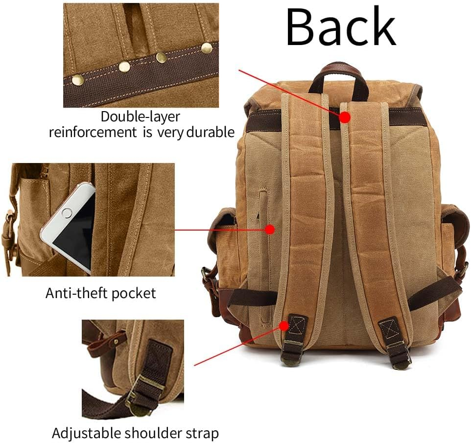 Jahomieo Canvas Backpack, Casual Vintage Leather Rucksack 15.6" Laptop Backpacks for Men Women Traveling Hiking - Khaki image number 4