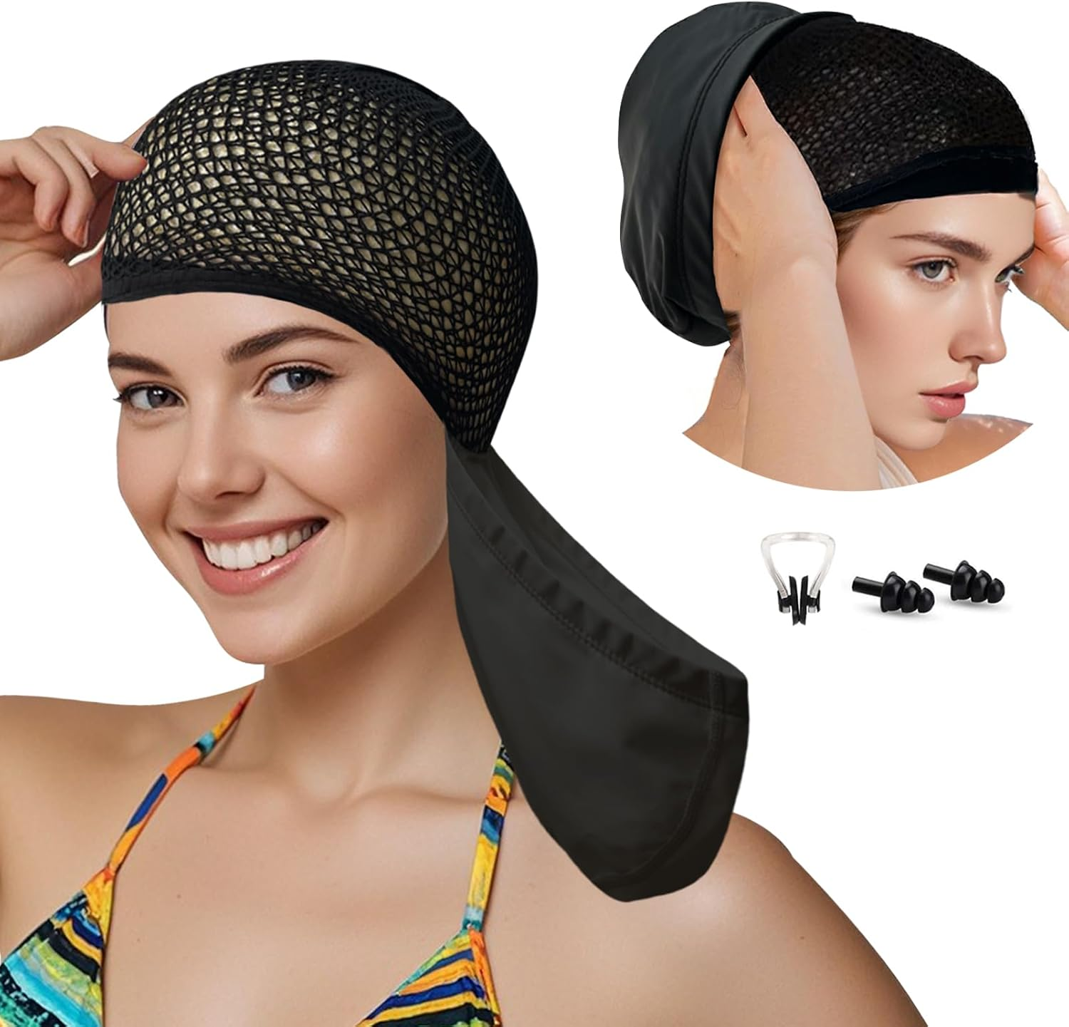 Women PU Coat Waterproof Fabric Hairnet Swim Cap Long Lair Swim Hat Elasticity Swimming Cap Long Hair