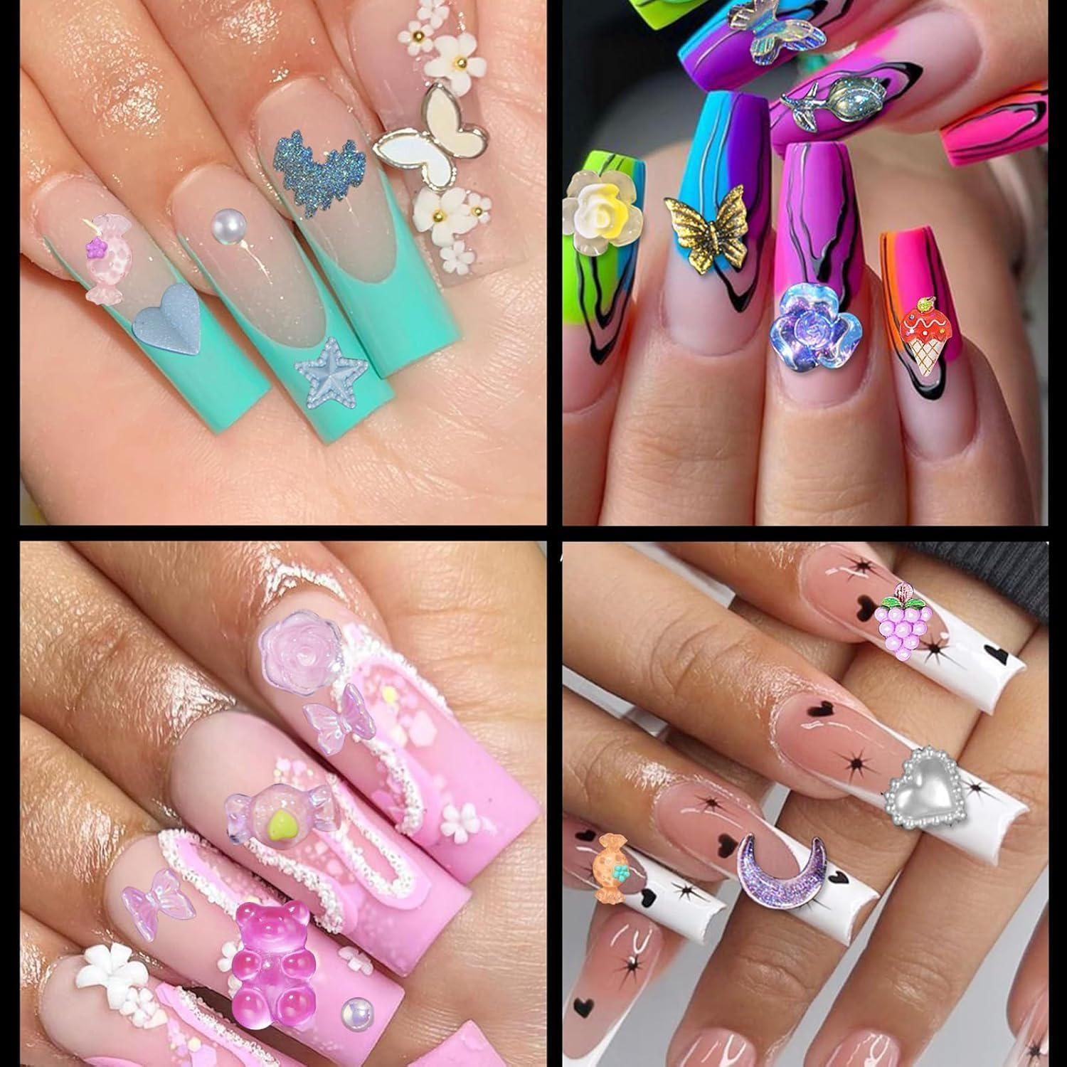 Anoleair 3D Nail Charms Assorted Mix Bear, Heart, Flower, Butterfly, Candy, Lollipop, Bowknots, Pearls - 15 Mixed Color Pieces for Nail Art DIY Accessories image number 1