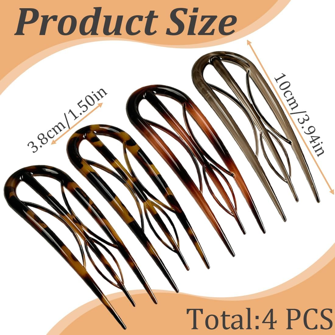 Pack of 4 U-Shaped Hair Pins, French Hair Clips, Large Resin, Double Insert, U-Shaped Hair Clips, Vintage Hairpin Clip image number 4