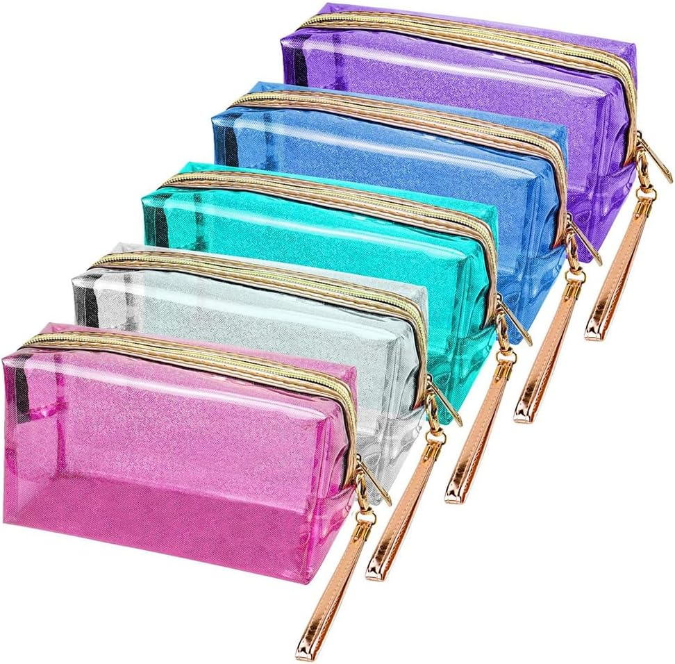 5 Pack Waterproof Cosmetic Bag, Portable Transparent Toiletry Packet, Waterproof Travel Storage Bag Large with Handle Strap for Bathroom, Vacation, Travel, Bedroom Organization