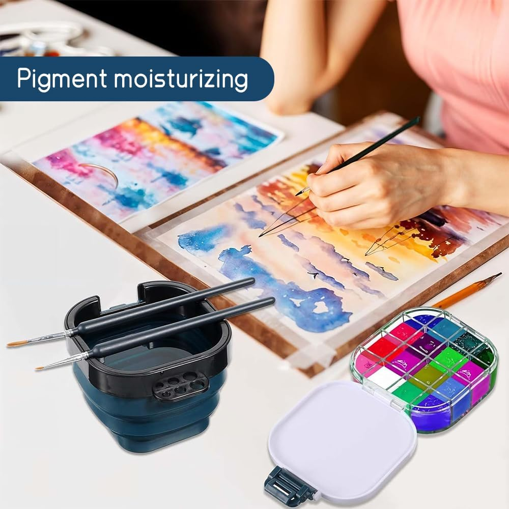 2PCS Airtight Paints Saver Storage Palette Box, 16 Well Palette Box with Lid, Include Paint Brush Basin, Portable Paint Saver for Acrylic,Perfect for Gouache, Acrylic, Watercolor image number 5