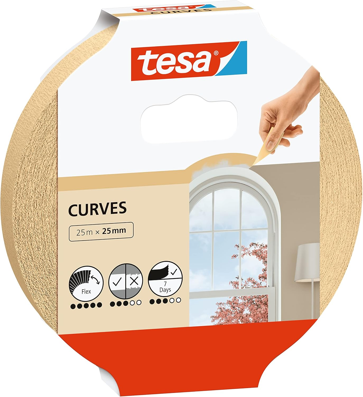 Tesa Masking Tape Curves - Curved Tape with Extra Strong Crepe for Masking Curves and Irregular Shapes - for Rough and Smooth Surfaces - 25 Mx 25 Mm