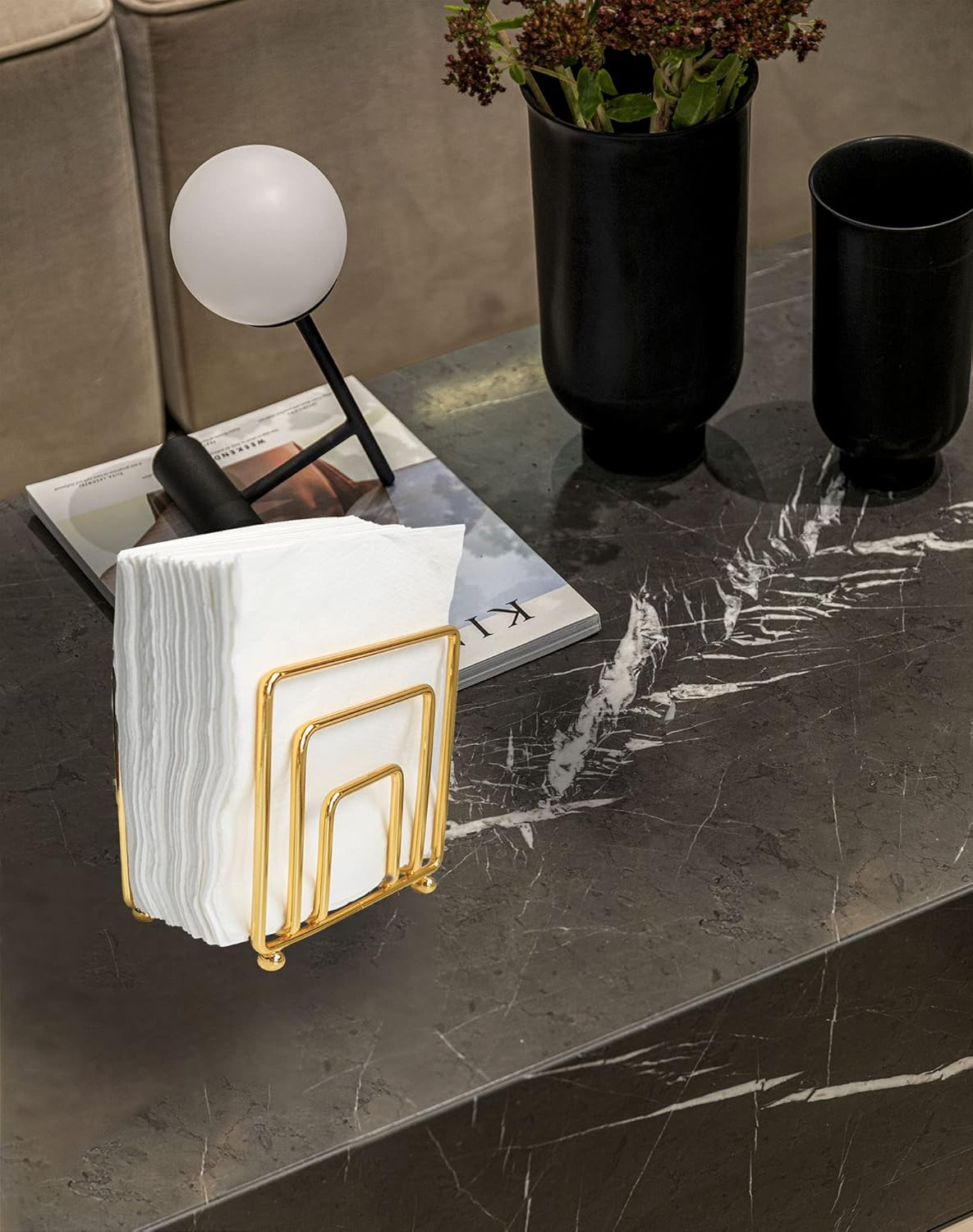 Napkin Holder Freestanding Metal Tabletop Tissue Dispenser for Tables, Dining, Kitchen, Restaurant, Picnic (Gold) - Gold image number 5