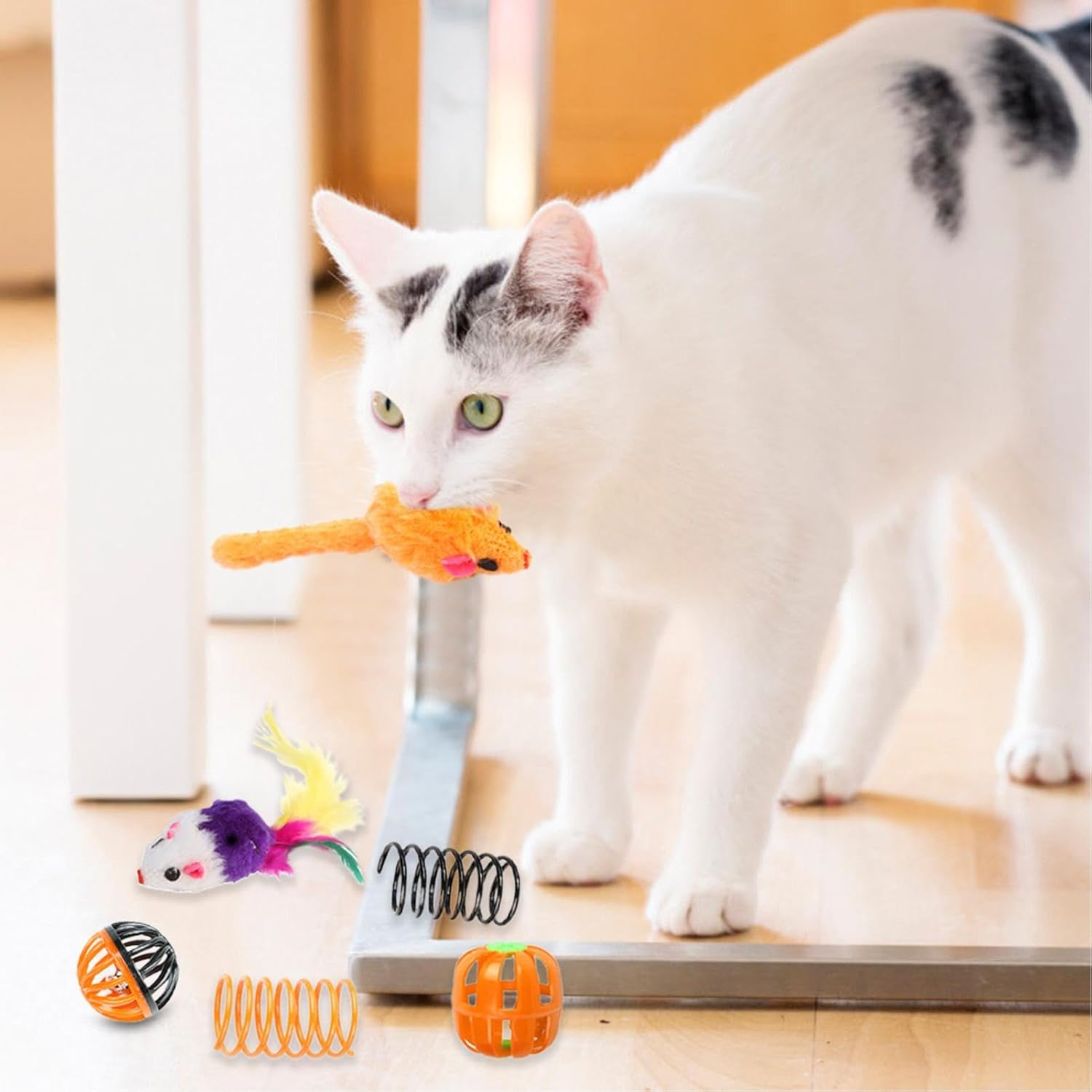 Indoor Cat Toys, Cute Interactive Cat Tunnel, Interactive Feather Ball Spring Toys Cat Cube, Halloween Folding Square Tunnel for Cats and Kitty - 16Pcs image number 4