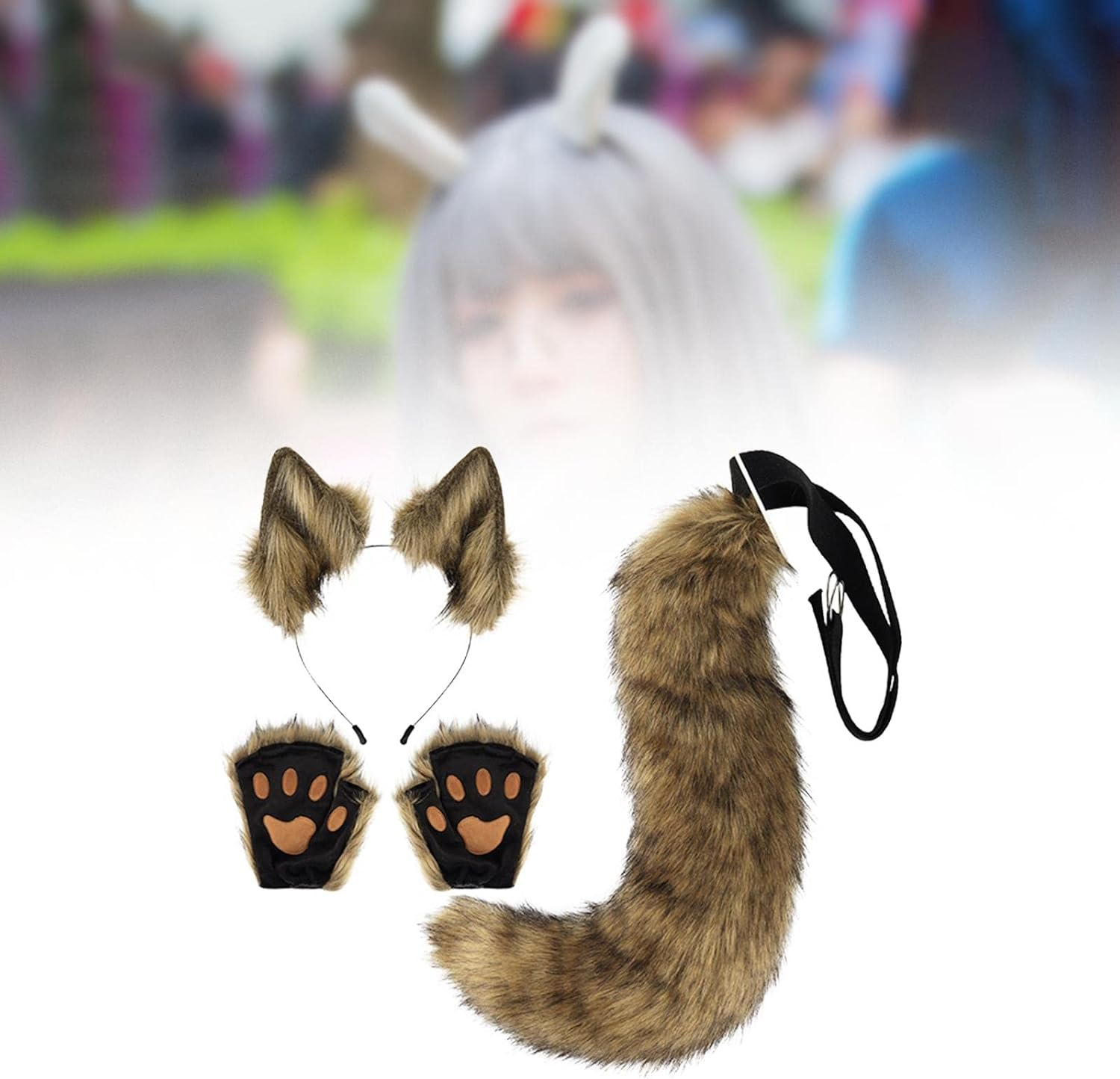 Fox Ears and Tail Set Plush Wolf Ears Hair Clip with Gloves, Plush Costume for Kids Adults Hair Hoop for Prom, Dance, Funny Gifts Dress Up, Coffee - Coffee image number 2