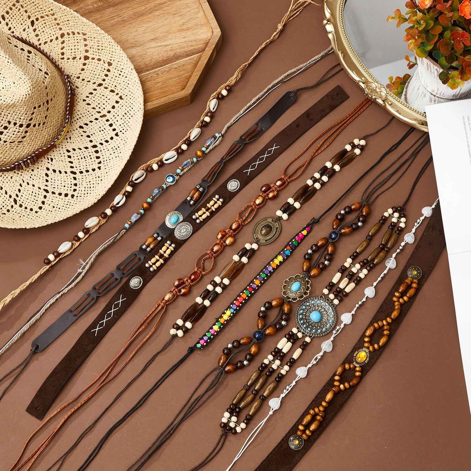 Lyrow 12Pcs Hat Bands for Cowboy Hat Leather Turquoise Beaded Bands Ethnic Western Rural Belts for Women Men Cowgirl(Beads) image number 2