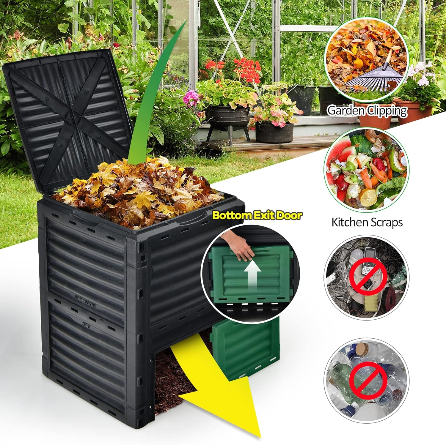 Costway Outdoor Compost Bin 300L for Kitchen Waste & Garden Scraps, Fast Creation of Fertile Soil Aerating Box W/Top Flip Door & Latch-On Lid, Bpa-Free & All-Season Garden Composter (Black + Green)