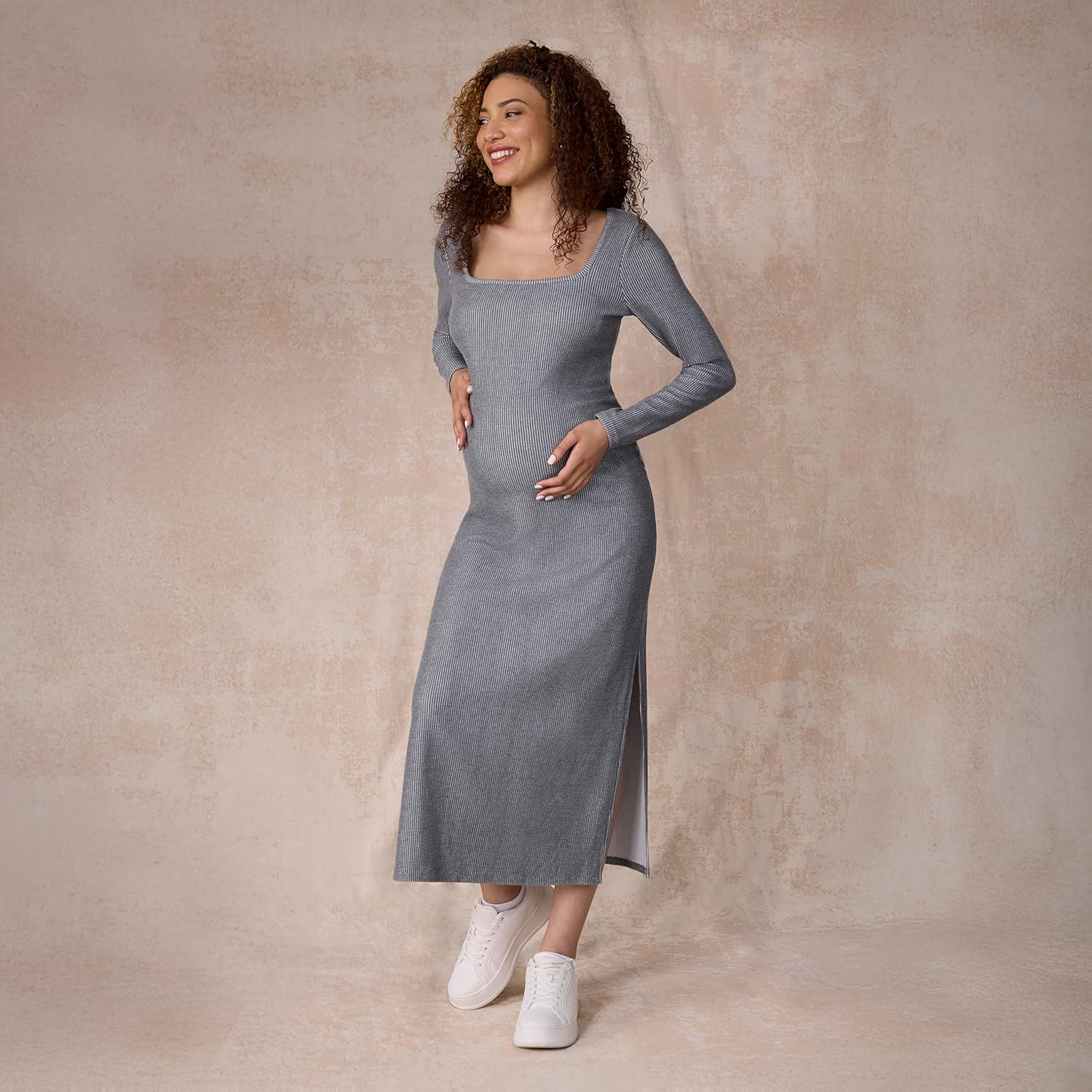 Motherhood Maternity Women'S Long Sleeve Ribbed Square Neck Bodycon Casual Pregnancy Dress image number 2