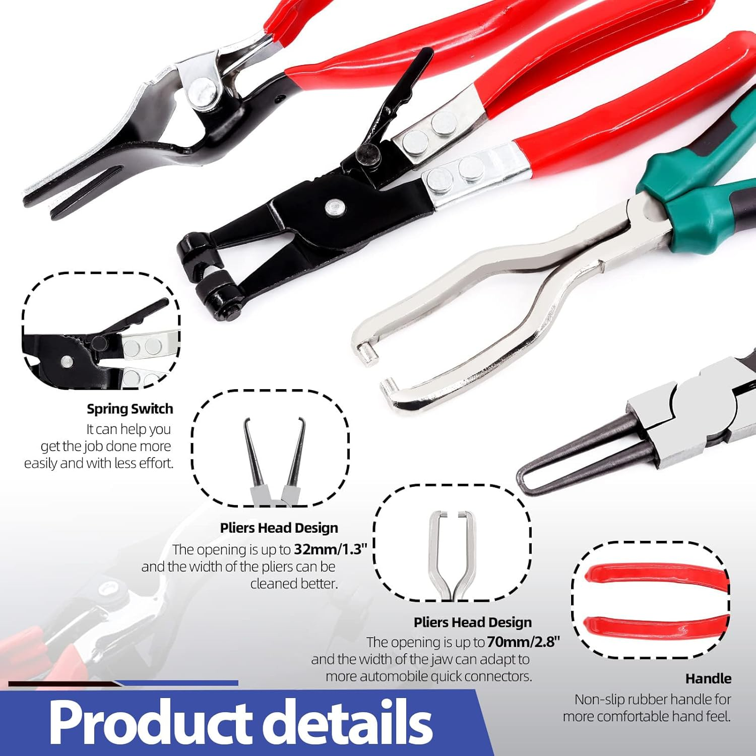 Hose Remover Pliers Assortment Kit, 4 Pcs Hose Remover Pliers Assortment Kit Including Fuel Filter Calipers, Hose Pipe Clamp, Clip Hose Removal Pliers, Spring Clamp Pliers image number 2