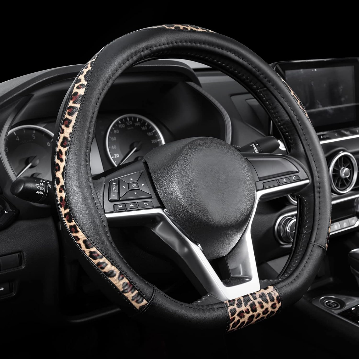 Road Comforts D-Type Steering Wheel Cover - Made with PVC Leather and Leopard Fabric - Universal Fit for 15-Inch D-Shaped Automotive Steering Wheels (Black Color) - Beige image number 5