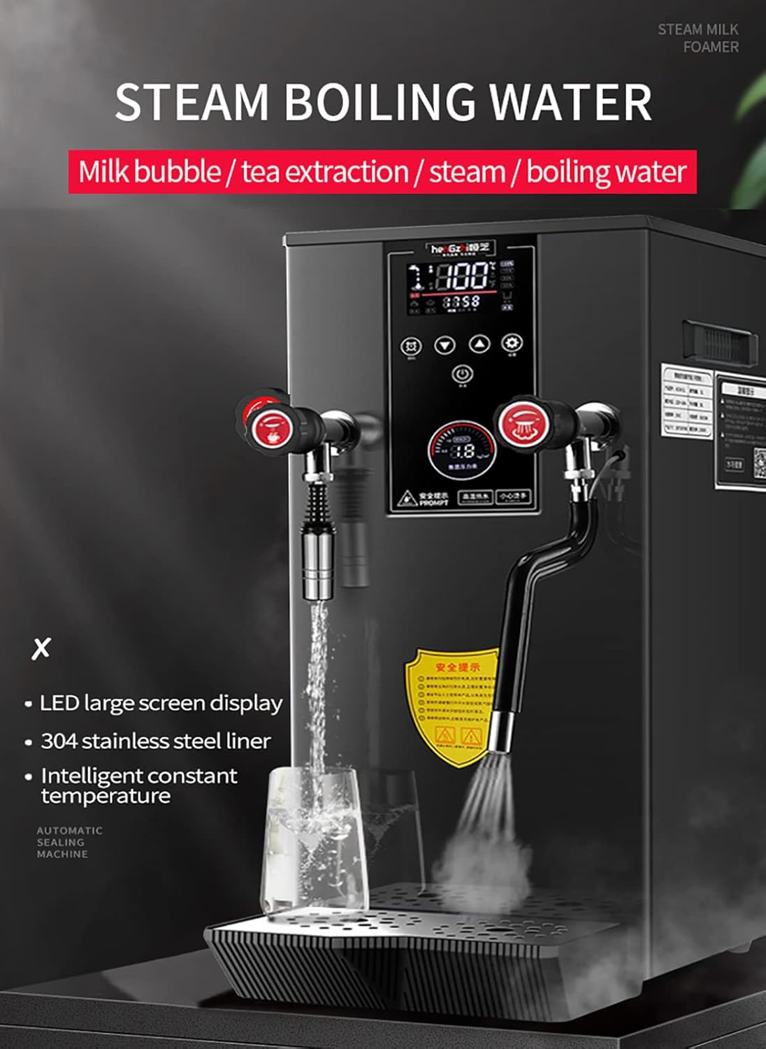 Commercial Multi-Purpose Milk Frother 12L Steam Milk Frothing Machine Full-Automatic Boiling, Electric Milk Foam Maker LED Display for Espresso Coffee Tea Coffee Shop Dessert Shop Hotel Milk image number 4