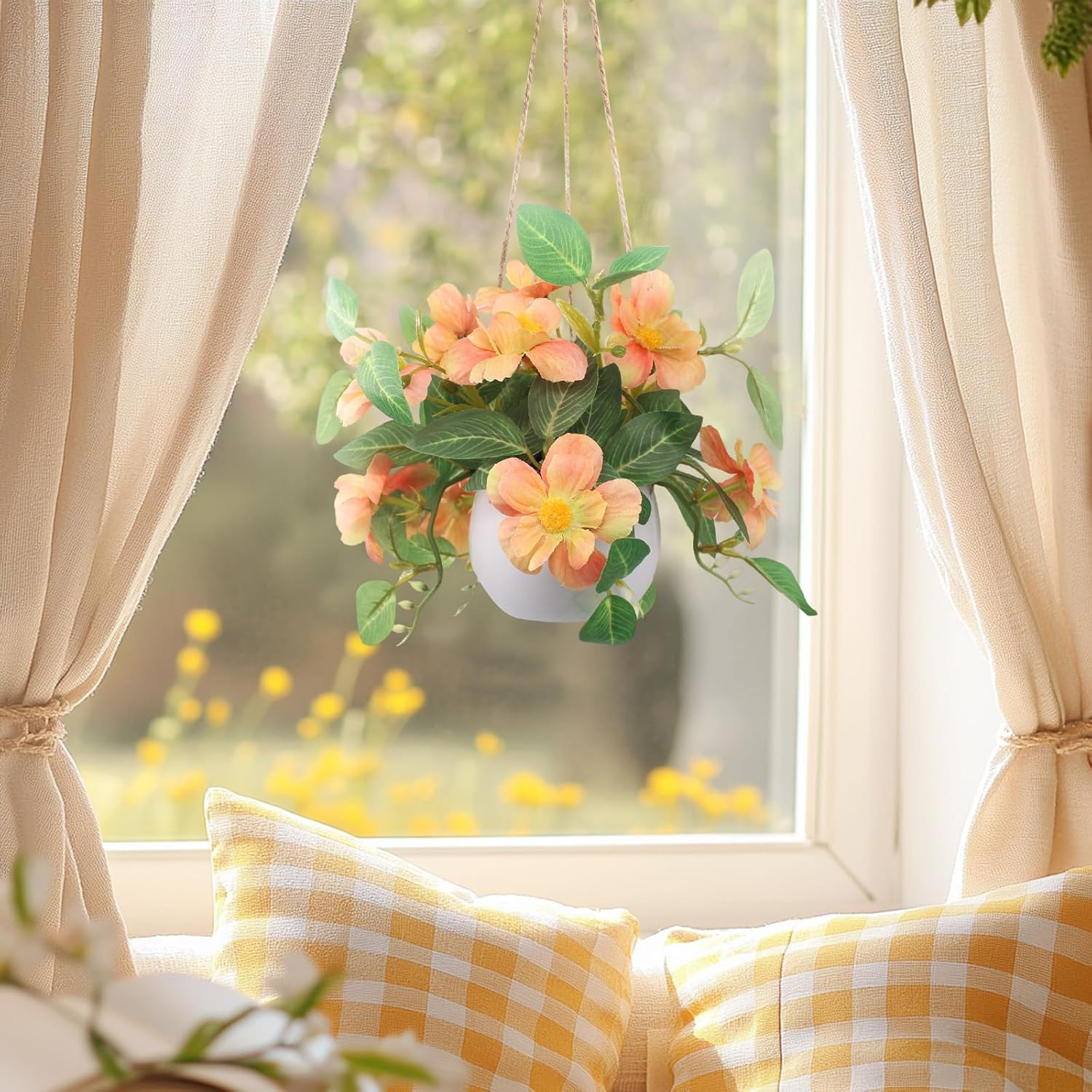 Artificial Hanging Flowers Faux Daisy Bonsai Fake Plants Basket Table Centerpieces for Wedding Office Porch Balcony Home Decor - Orange image number 4