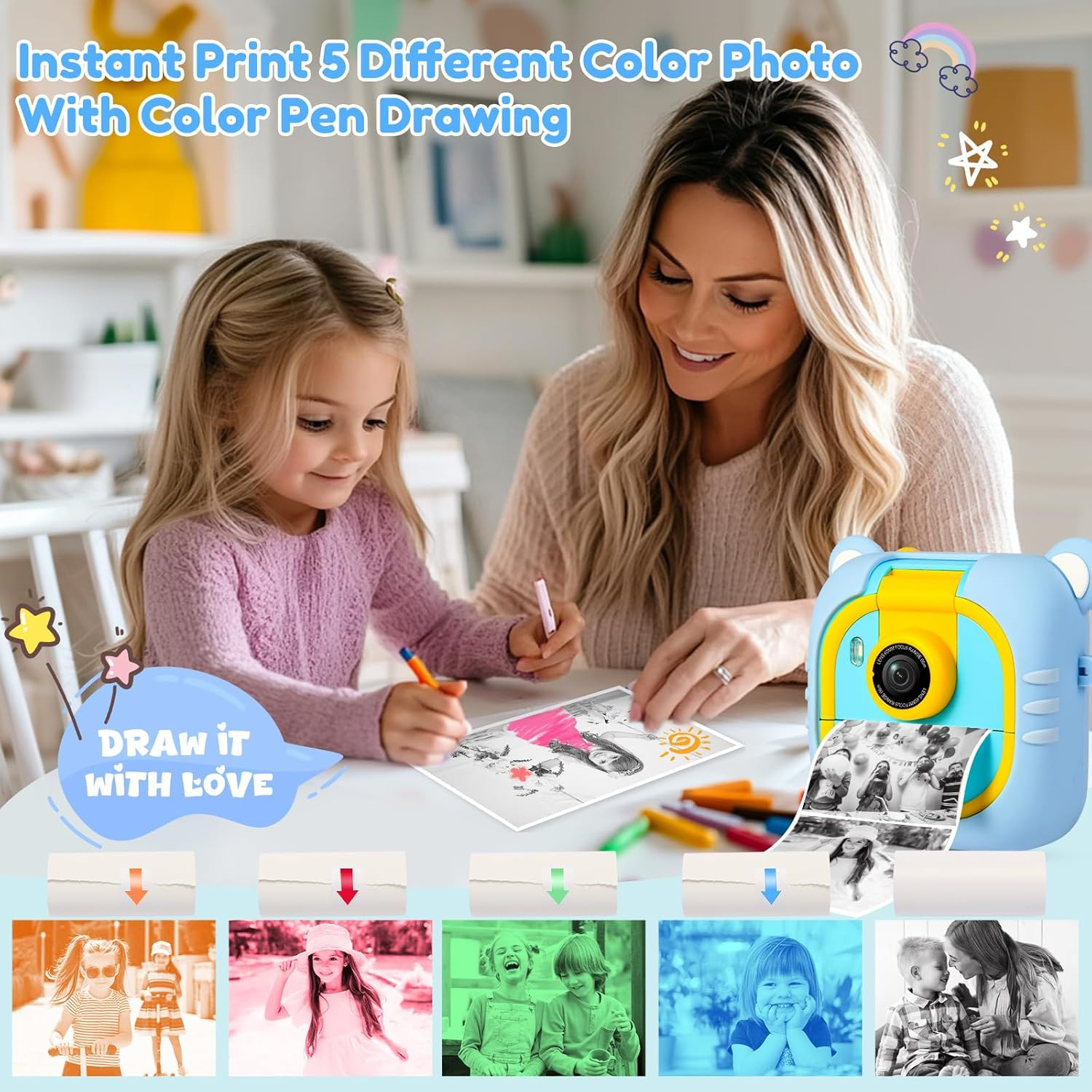 ARNSSIEN Kids Camera Instant Print, 7 Print Paper (4 Color: O/R/G/B+3 B&W), 2.4" Screen Instant Camera for Kids Ages 3-12,1080P, 180&deg;Flip Lens,32Gb Card- Christmas Birthday Present for Boys & Girls,M2 image number 5