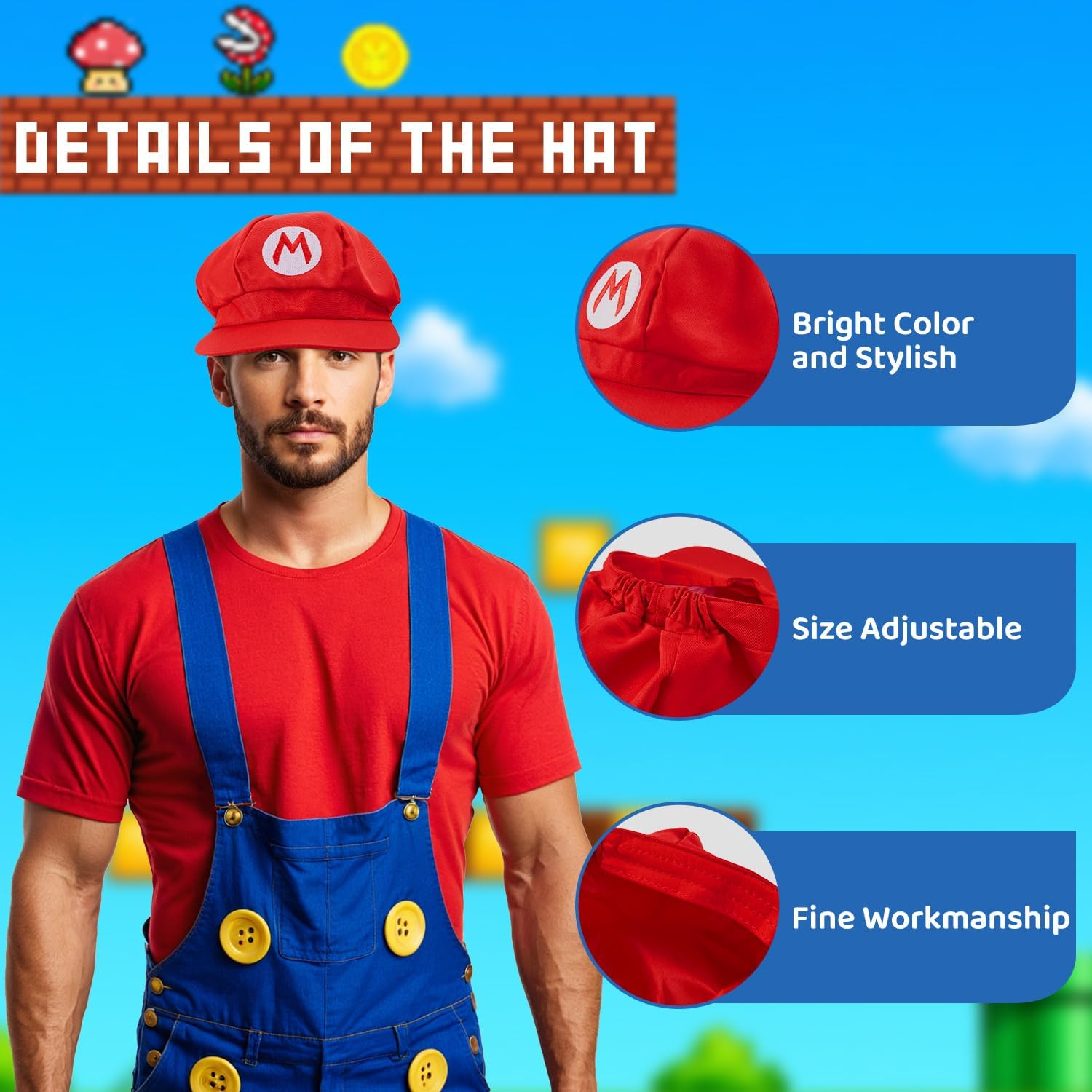 WOTOW Super Brother Costume Accessories Set - Adult Video Game Role Cosplay with Hat Gloves Moustache Buttons Suspenders Fancy Outfit for Dress up Party Supplies Halloween Party Cosplay image number 2