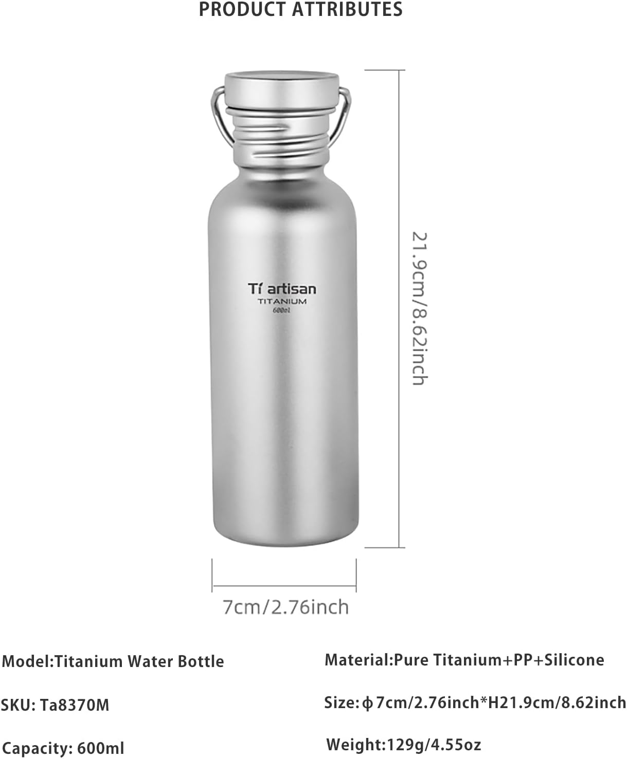 Ti Artisan Titanium Water Bottle Sport Bottle Ultralight Leakproof for Outdoor Camping Hiking (600Ml) image number 5