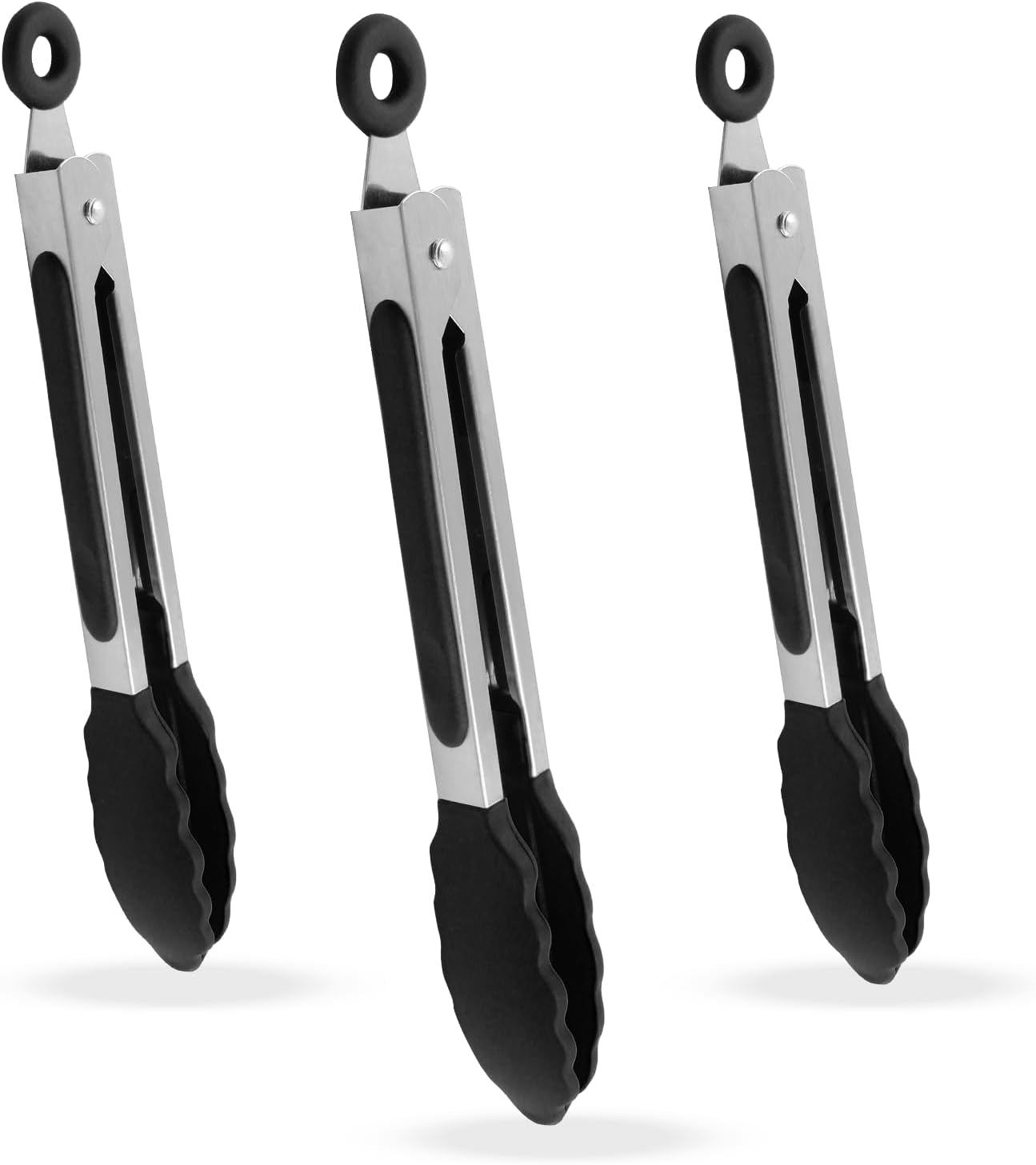 Hitefu 3PCS Kitchen Tongs, 7-Inch Heat Resistant Food Tongs for Cooking with Silicone Tips, Small Serving Tongs Non-Stick for Frying Grilling Salad(Black)