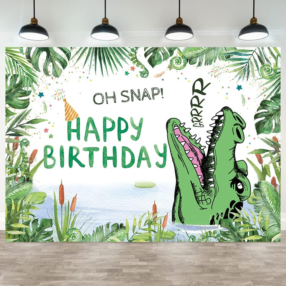 Hilioens 7&times;5Ft Crocodile Birthday Backdrop Cartoon Crocodile Kids Boys Birthday Party Decorations Green Leaf Oh Snap Background Banner Supplies image number 1