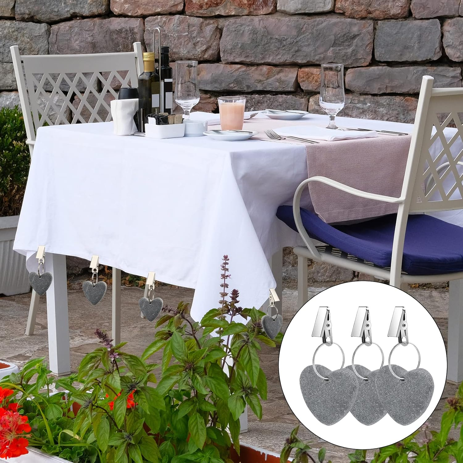 48 Pieces Tablecloth Weights Hangers Heart Stone Table Cloth Weights Tablecloth Clips for Outdoor Tables Heavy Curtain Weights Table Cover Clips with Stainless Steel Clips for Picnic (Light Gray) - Dark Gray image number 2