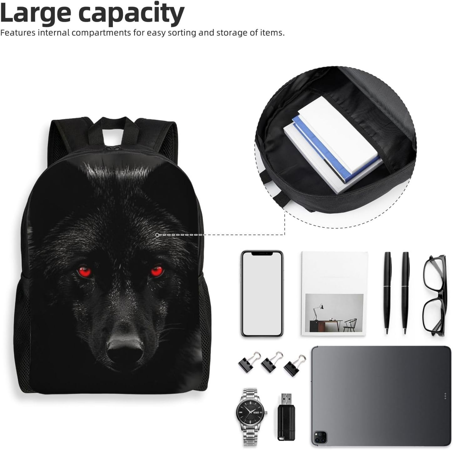 FJWSLCH Black Red Eyed Wolf Backpack for Women Men Laptop Backpack 16.1 Inch Computer Bag Casual Daypack for Travel, Black, One Size, Travel Backpacks image number 1